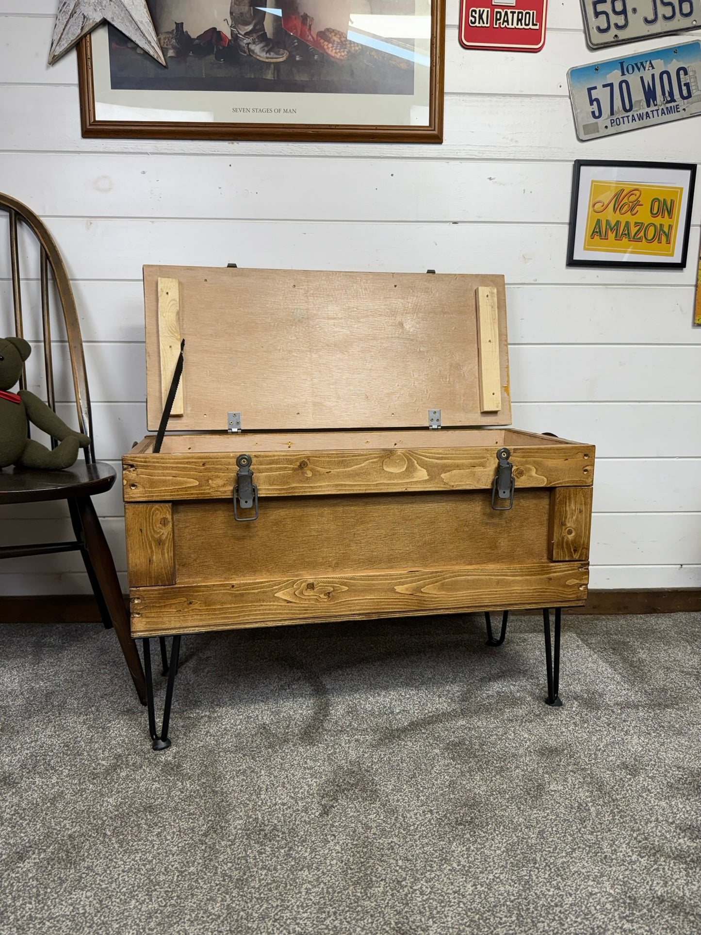 Large Wooden Chest Box Table Metal Legs Blanket Storage Rustic Home Industrial Deco