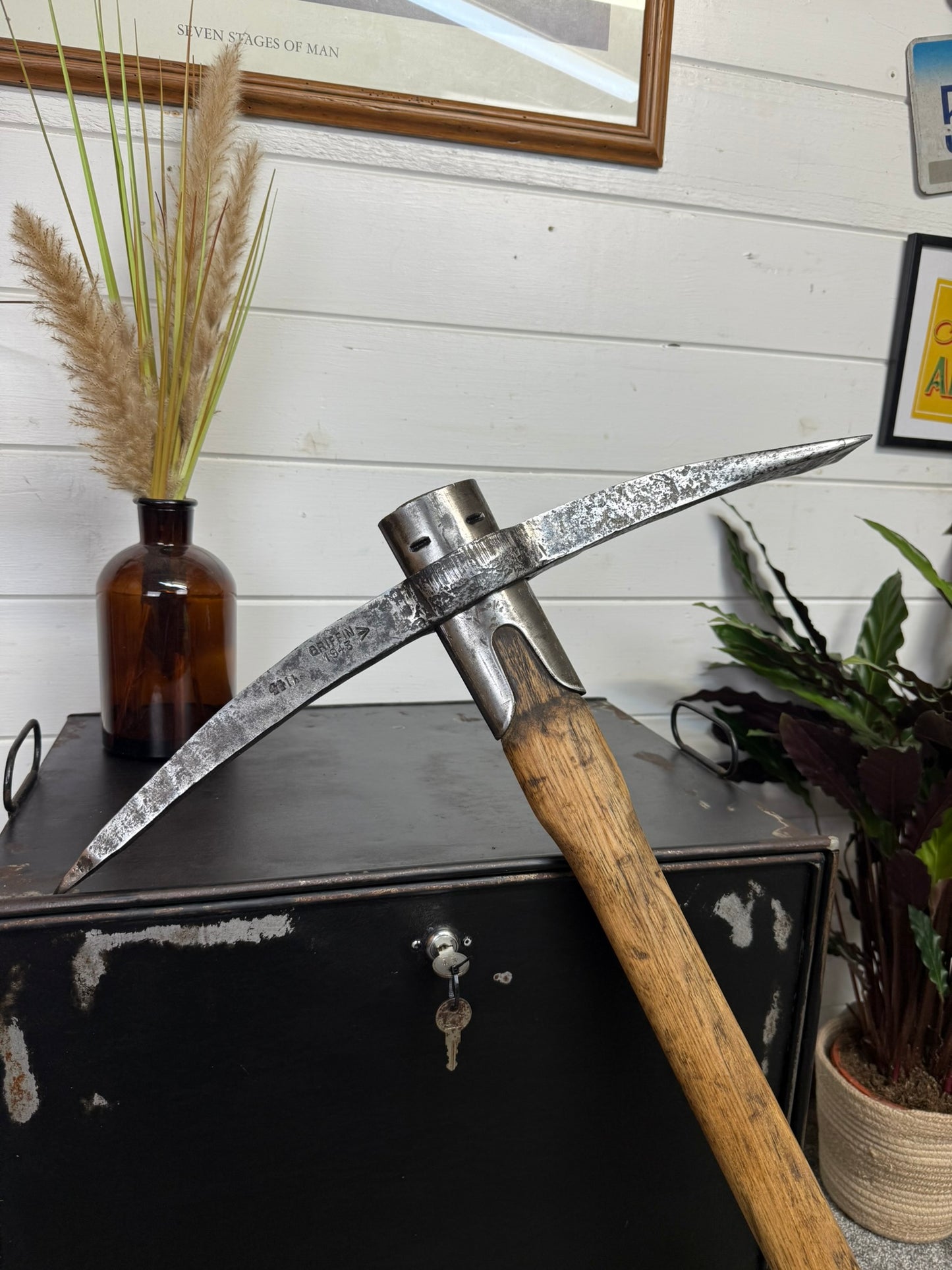 Vintage 1943 Military Pickaxe Long Handle 4.5lbs Pioneer Pick Axe Reclaimed Army Display