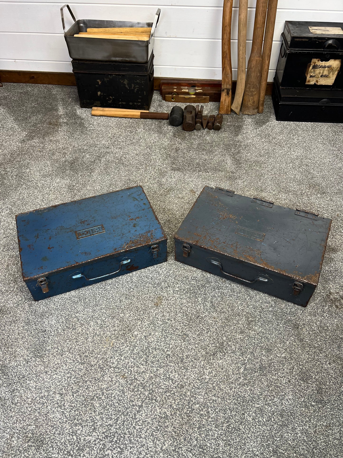 2x Vintage Metal Boxes By Talco Rustic Industrial Decor Display Toolbox Storage Box