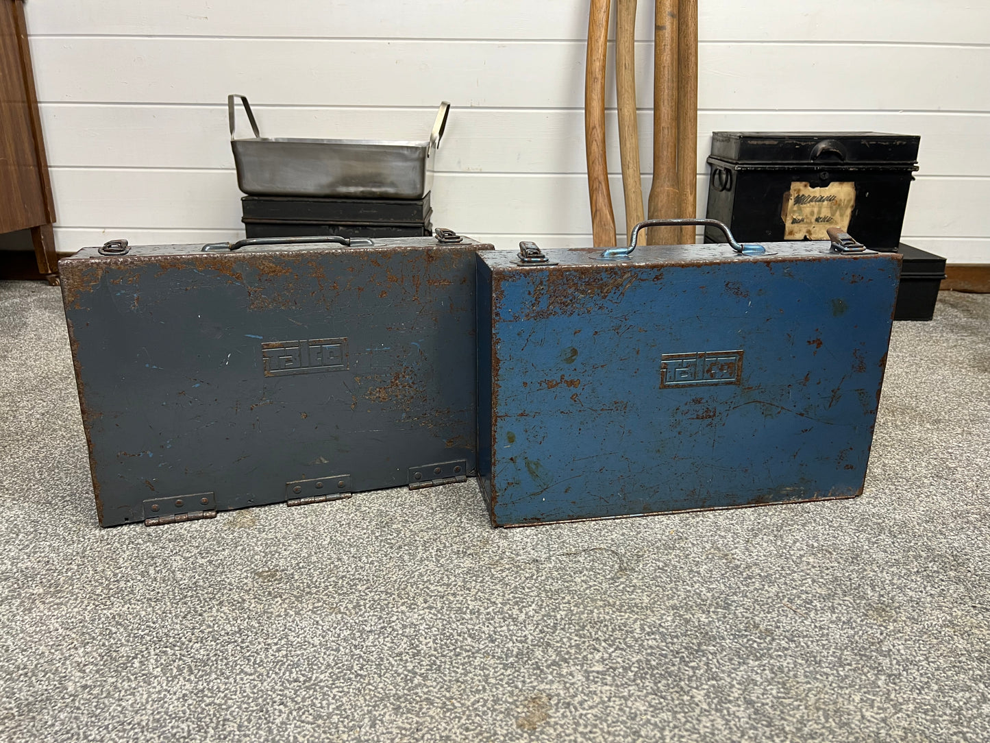 2x Vintage Metal Boxes By Talco Rustic Industrial Decor Display Toolbox Storage Box