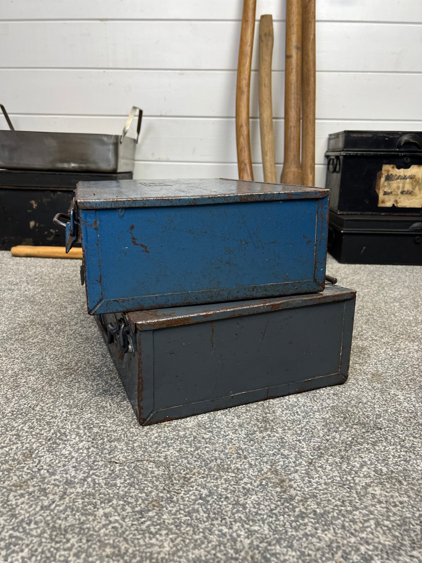 2x Vintage Metal Boxes By Talco Rustic Industrial Decor Display Toolbox Storage Box