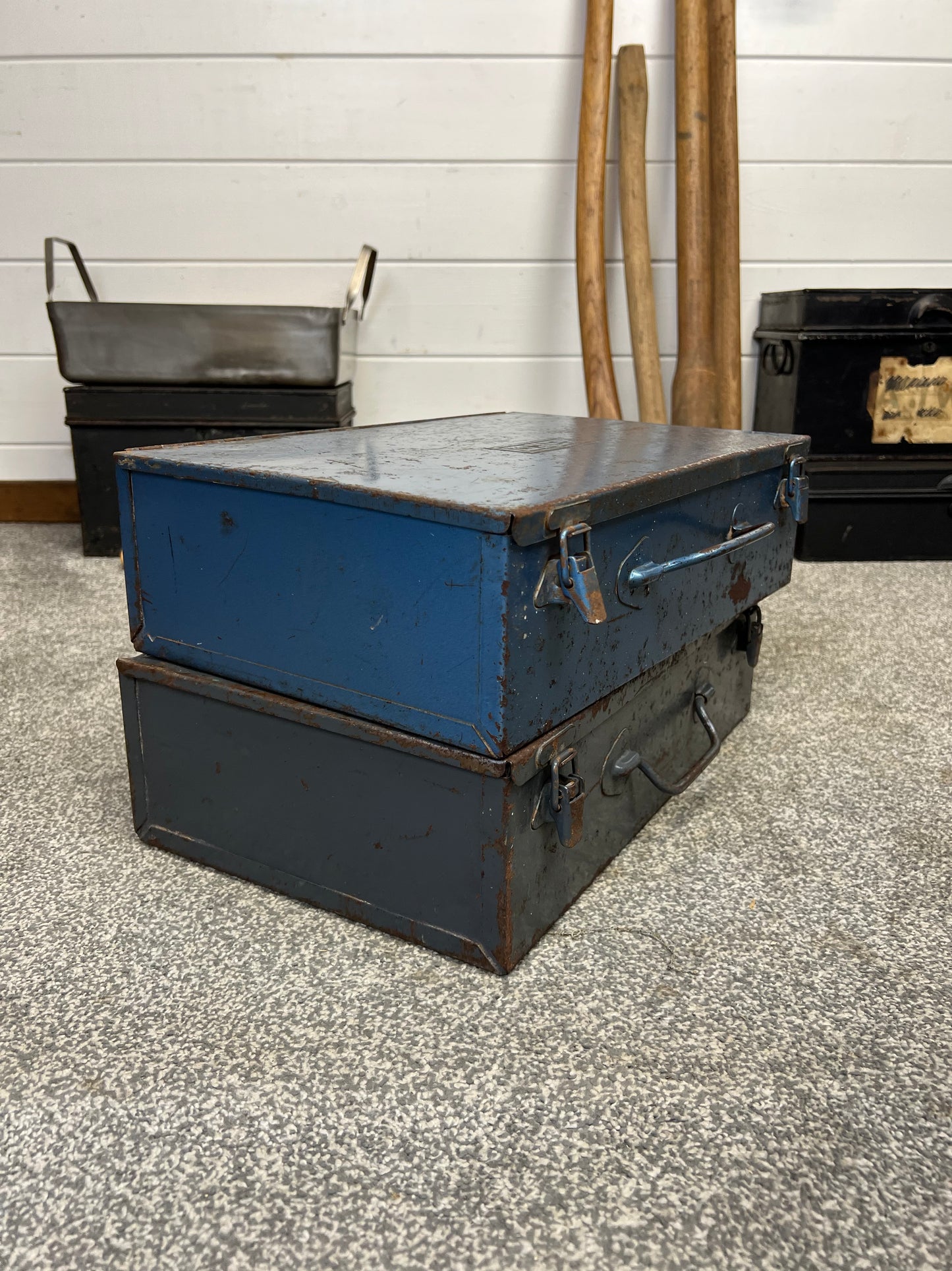 2x Vintage Metal Boxes By Talco Rustic Industrial Decor Display Toolbox Storage Box