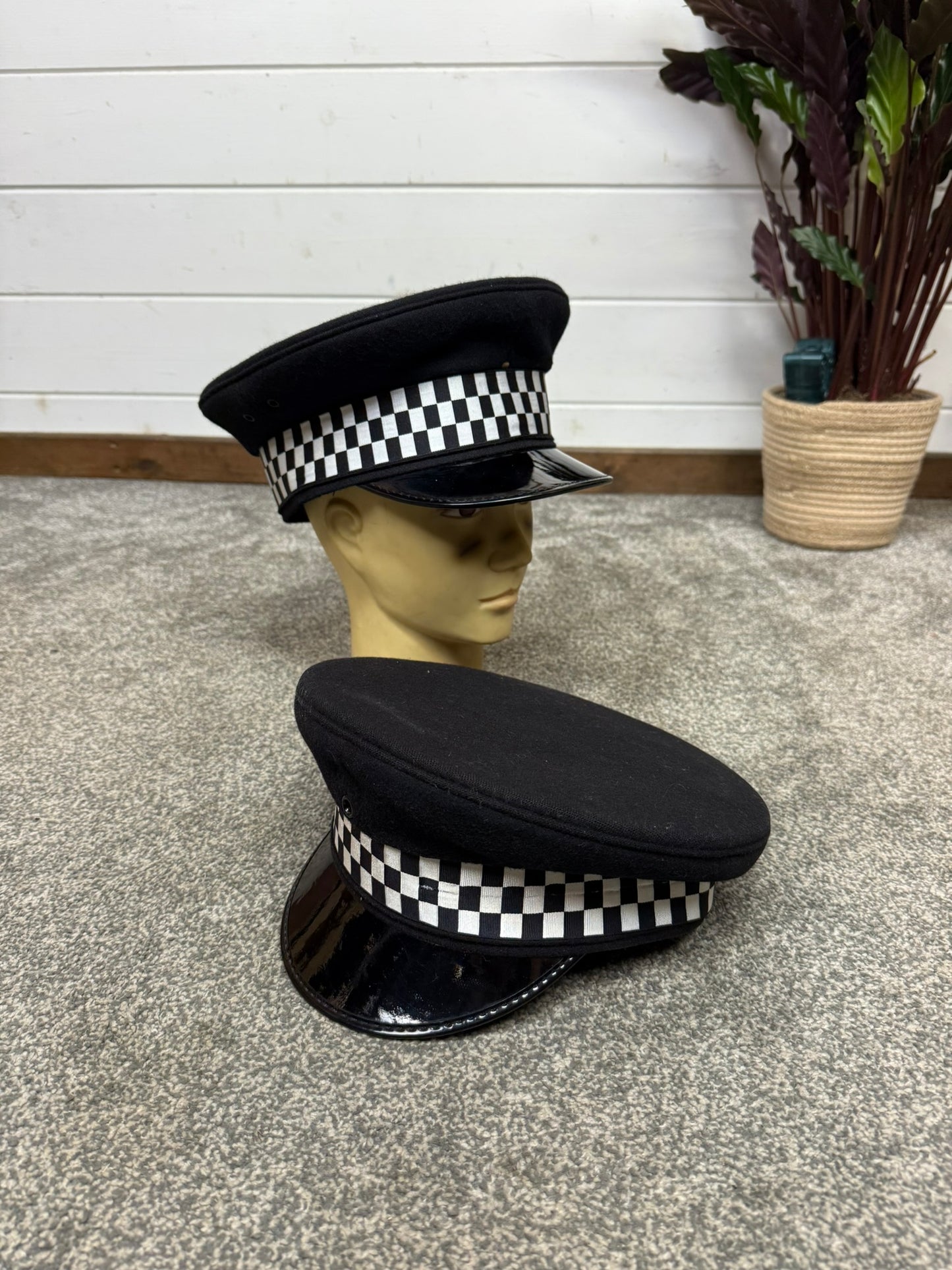 Ex Police Black Peaked Cap Checked Band Collector Film TV Fancy Dress Prop