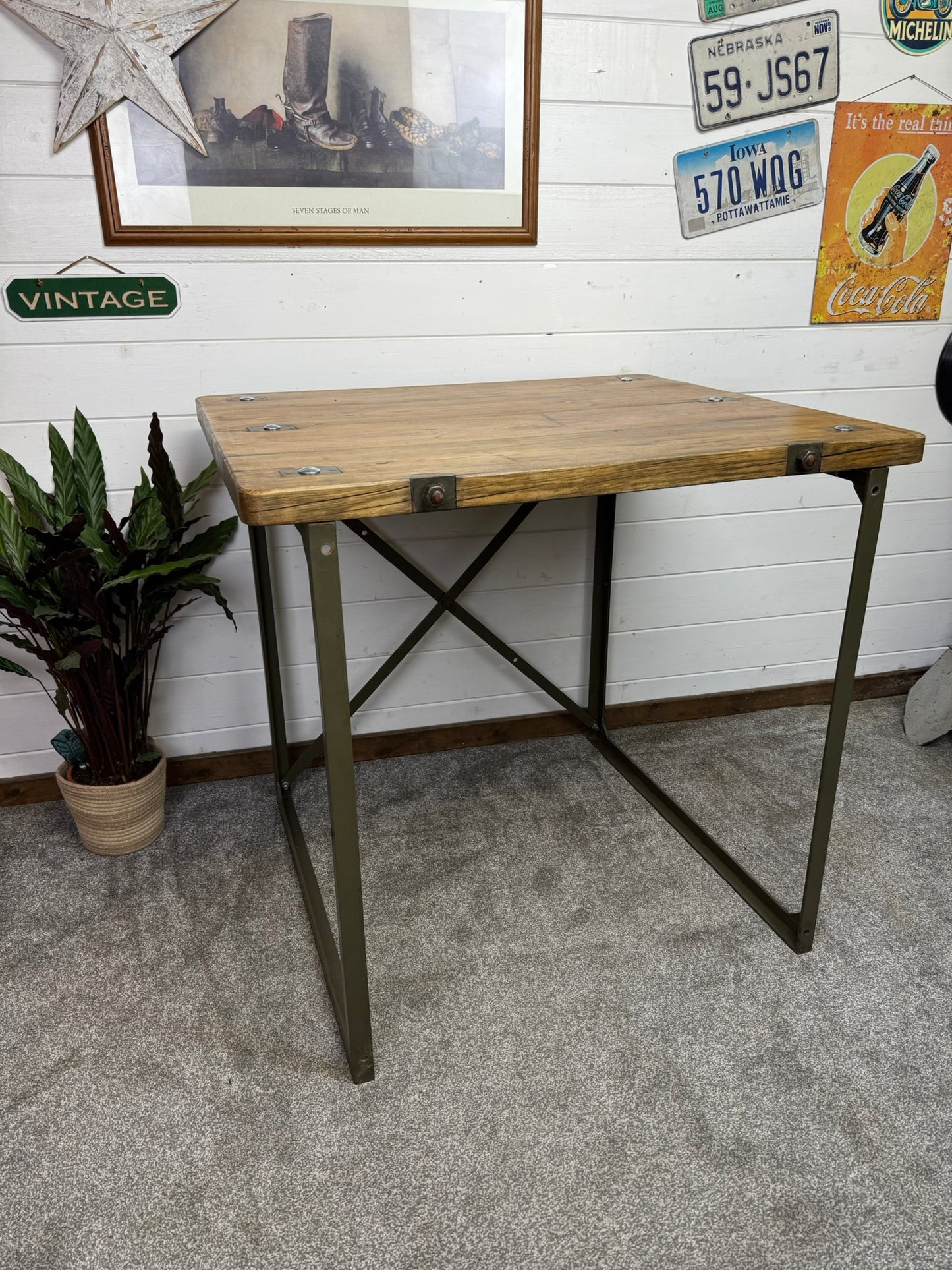 Vintage Rustic Industrial Square Table Reclaimed Metal Legs Workbench Console Island Table