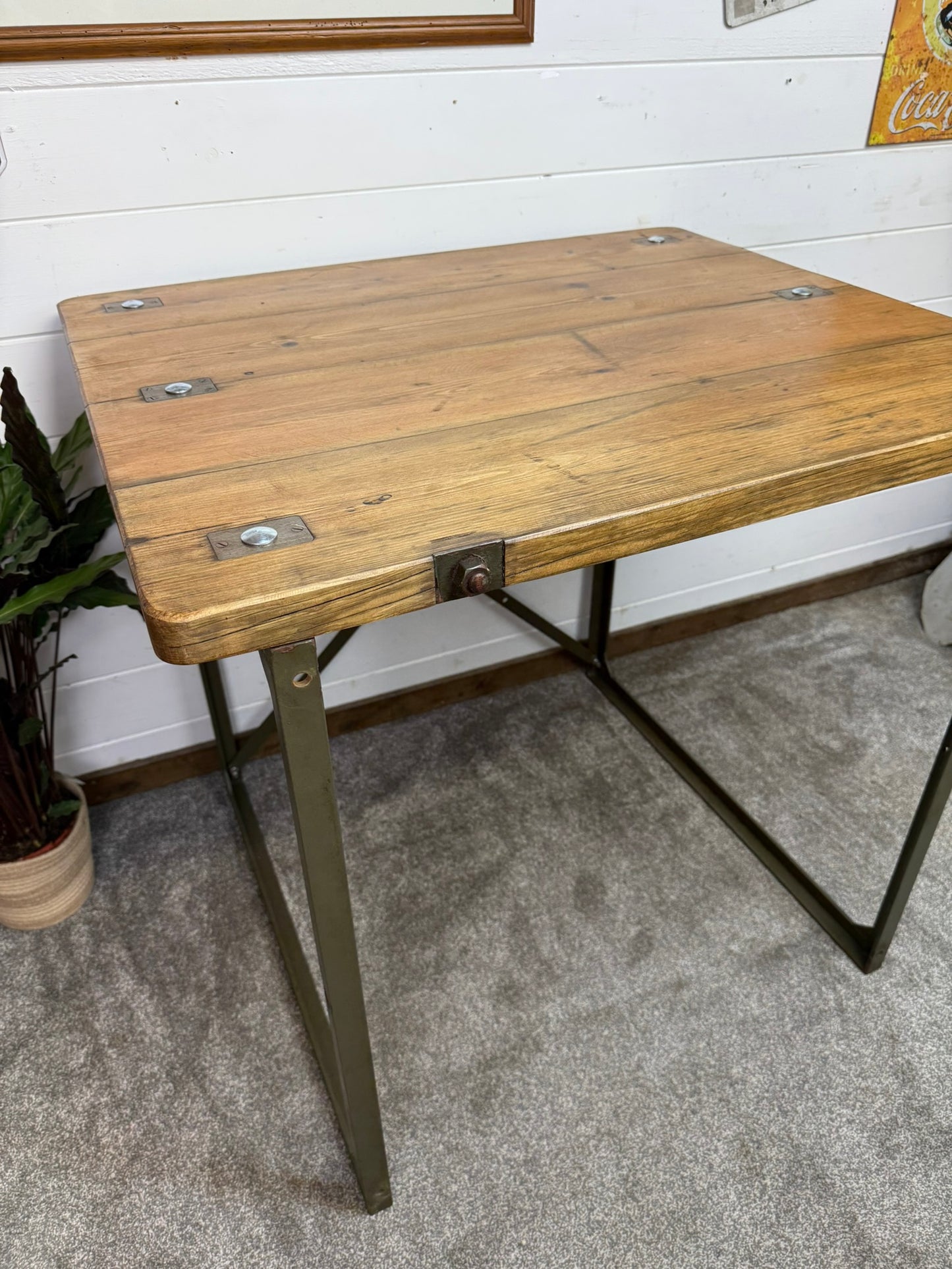Vintage Rustic Industrial Square Table Reclaimed Metal Legs Workbench Console Island Table