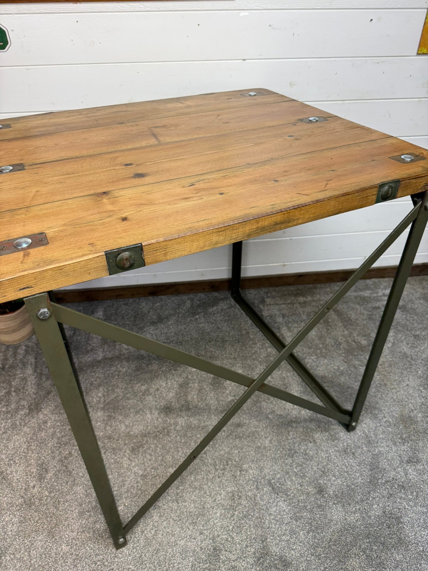 Vintage Rustic Industrial Square Table Reclaimed Metal Legs Workbench Console Island Table