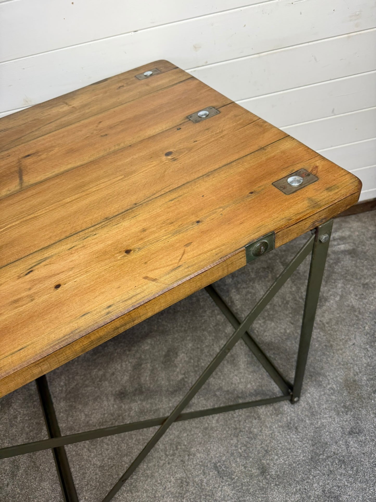 Vintage Rustic Industrial Square Table Reclaimed Metal Legs Workbench Console Island Table