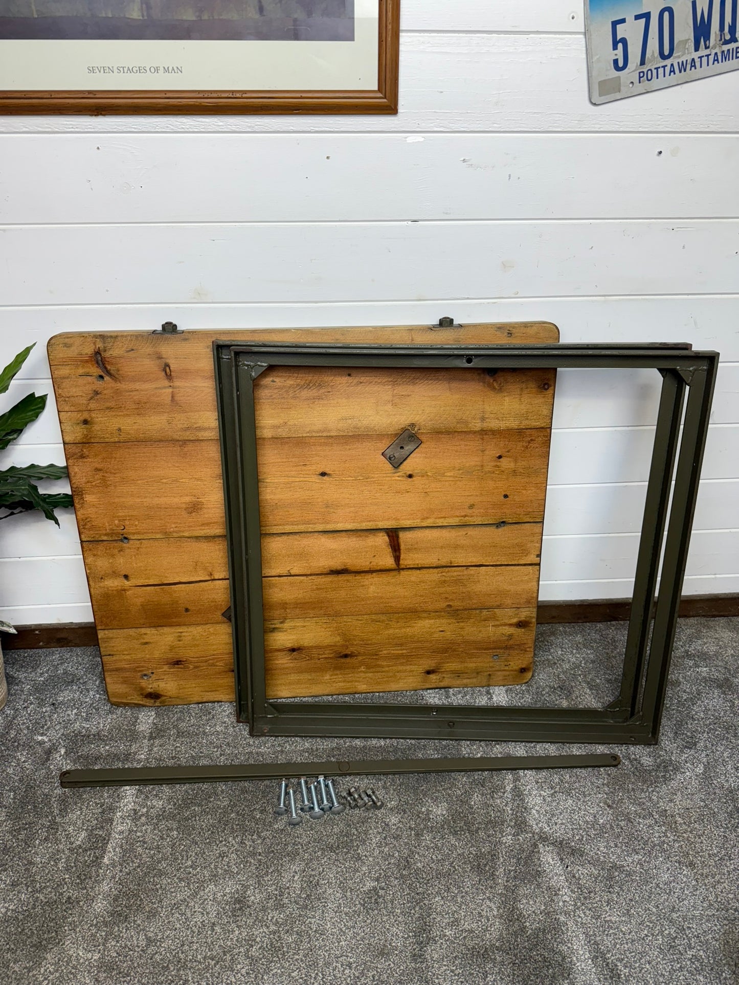 Vintage Rustic Industrial Square Table Reclaimed Metal Legs Workbench Console Island Table