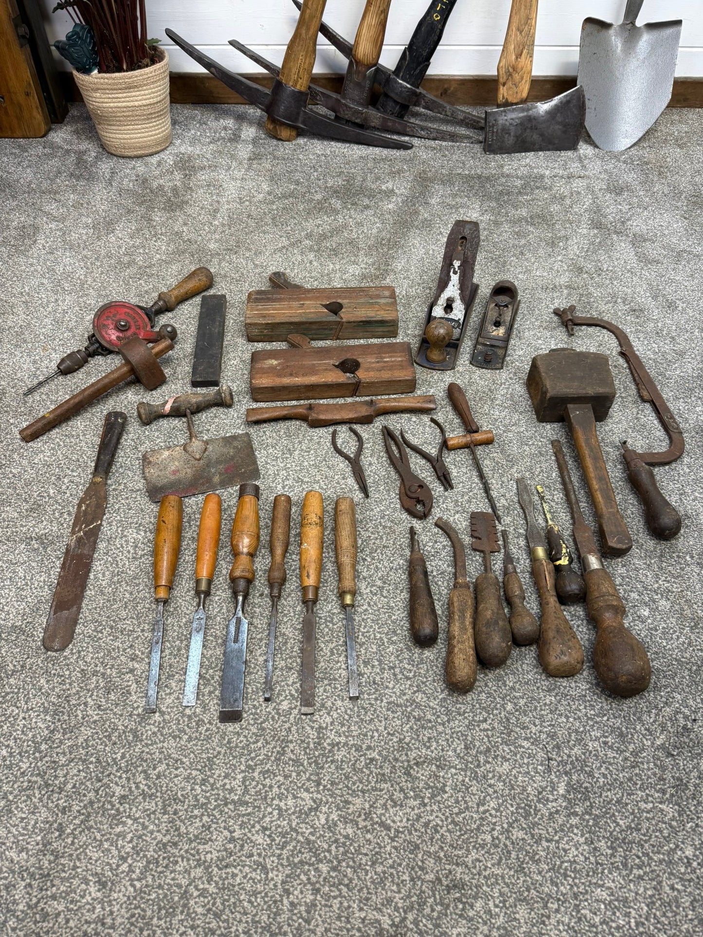 Vintage Woodwork Tool Job Lot Old Tools Chisels Mallet Planes Carpentry
