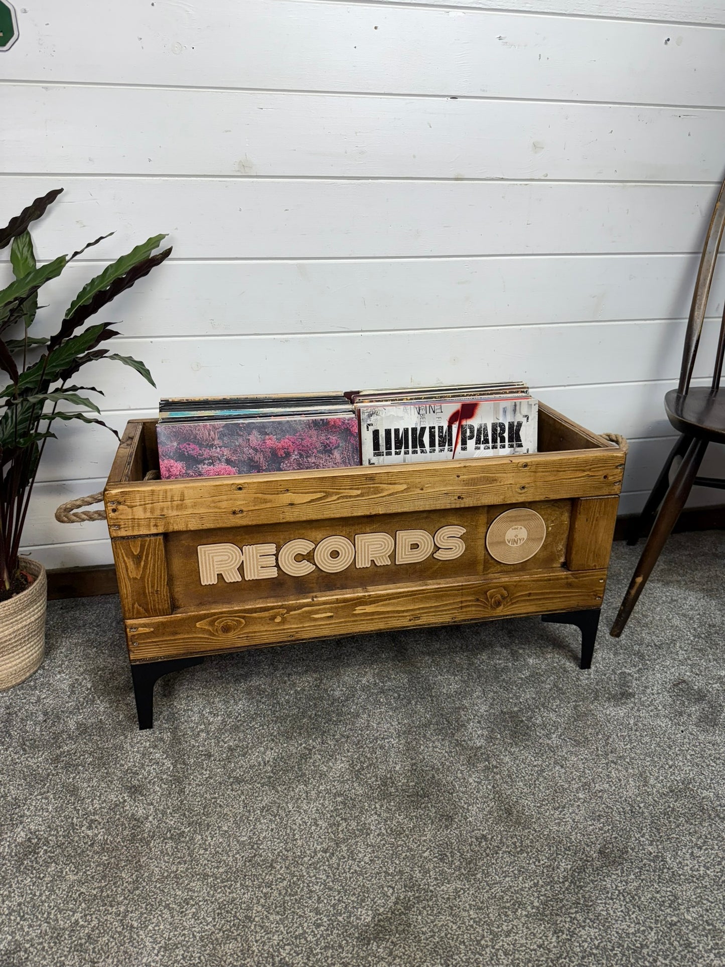 Wooden Vinyl Record Box Large Record Storage Crate Rustic Retro Reclaimed Home Decor Metal Legs