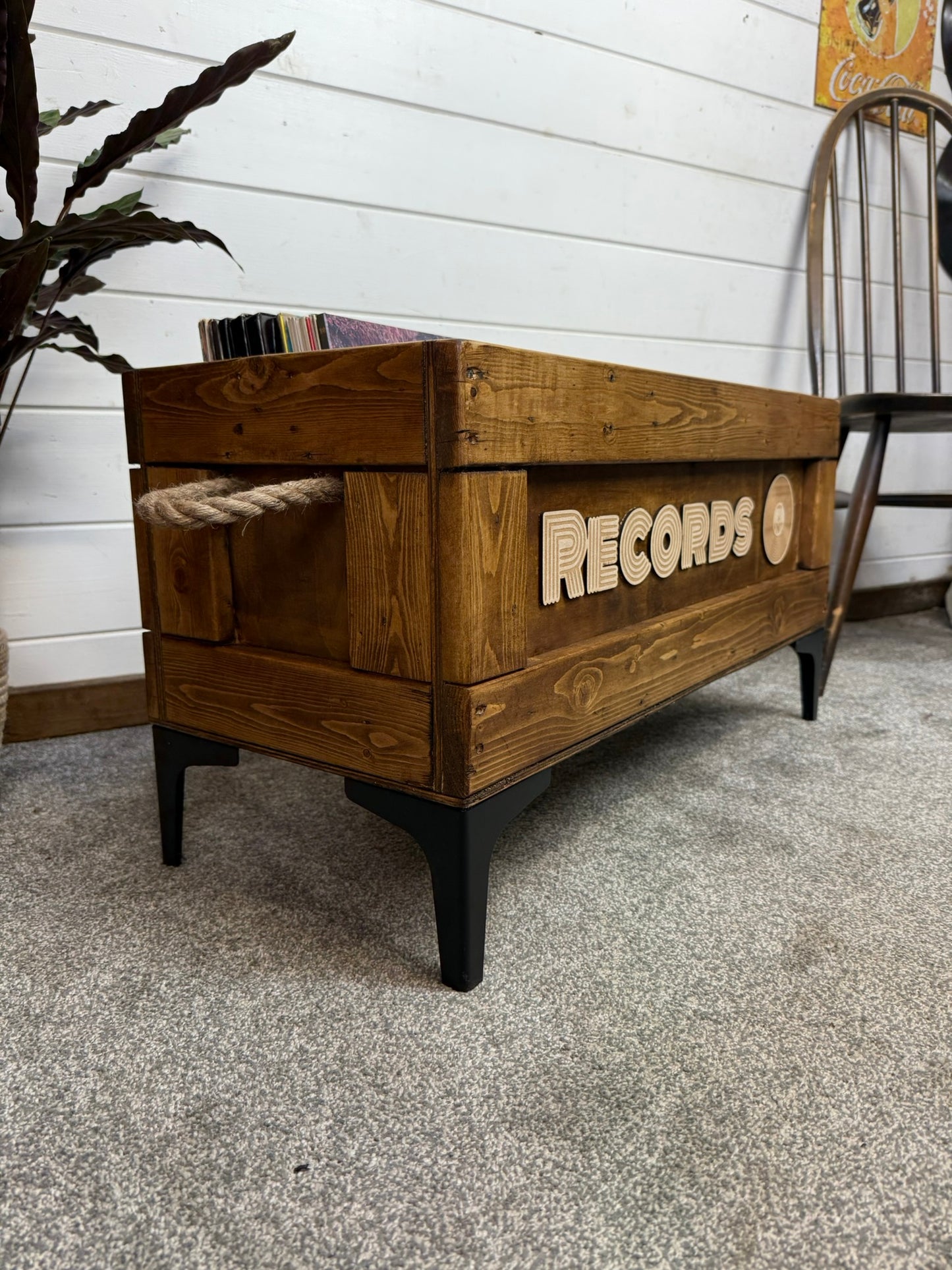 Wooden Vinyl Record Box Large Record Storage Crate Rustic Retro Reclaimed Home Decor Metal Legs
