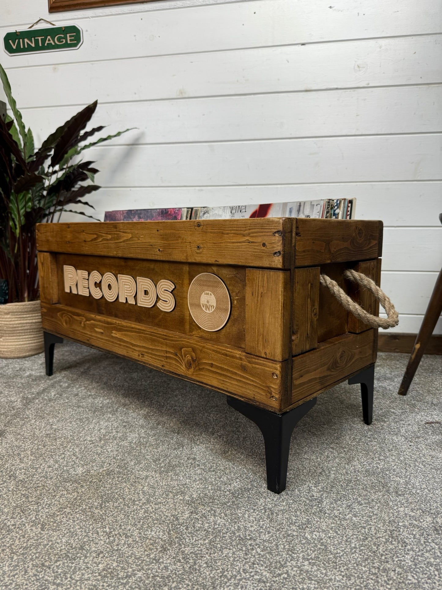 Wooden Vinyl Record Box Large Record Storage Crate Rustic Retro Reclaimed Home Decor Metal Legs