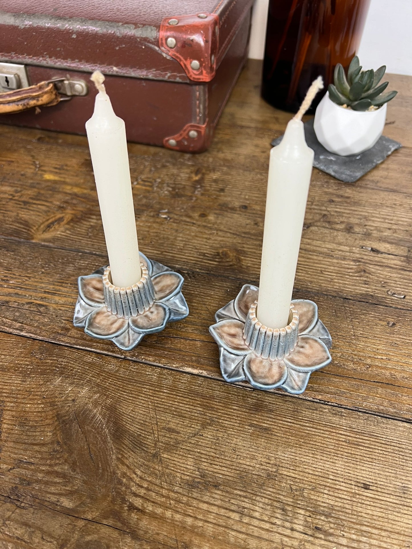 2x Vintage Floral Ceramic Candle Holders PAIR With Candles