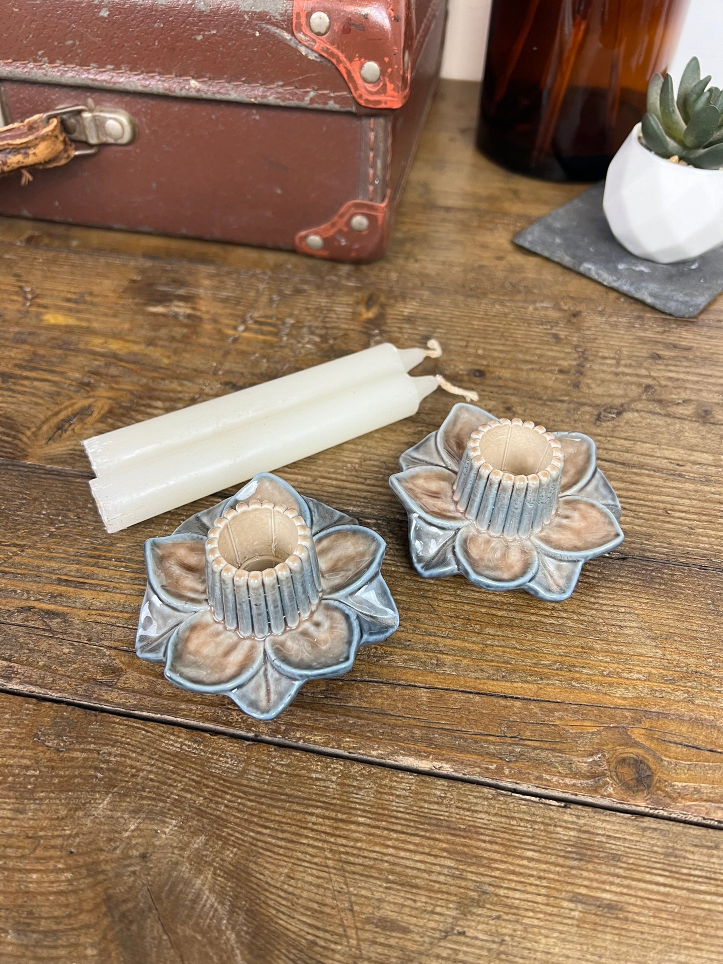 2x Vintage Floral Ceramic Candle Holders PAIR With Candles