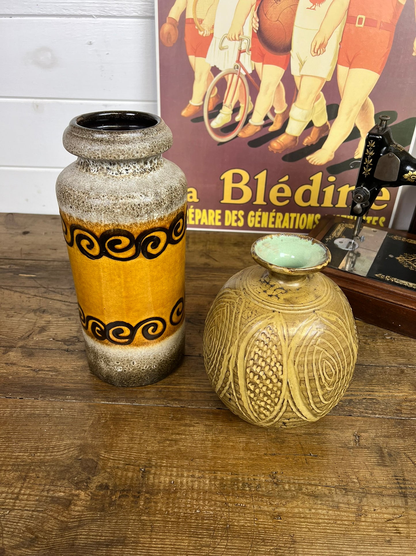2x Vintage Mid Century West German Pottery Vase Boho Art Deco Interior