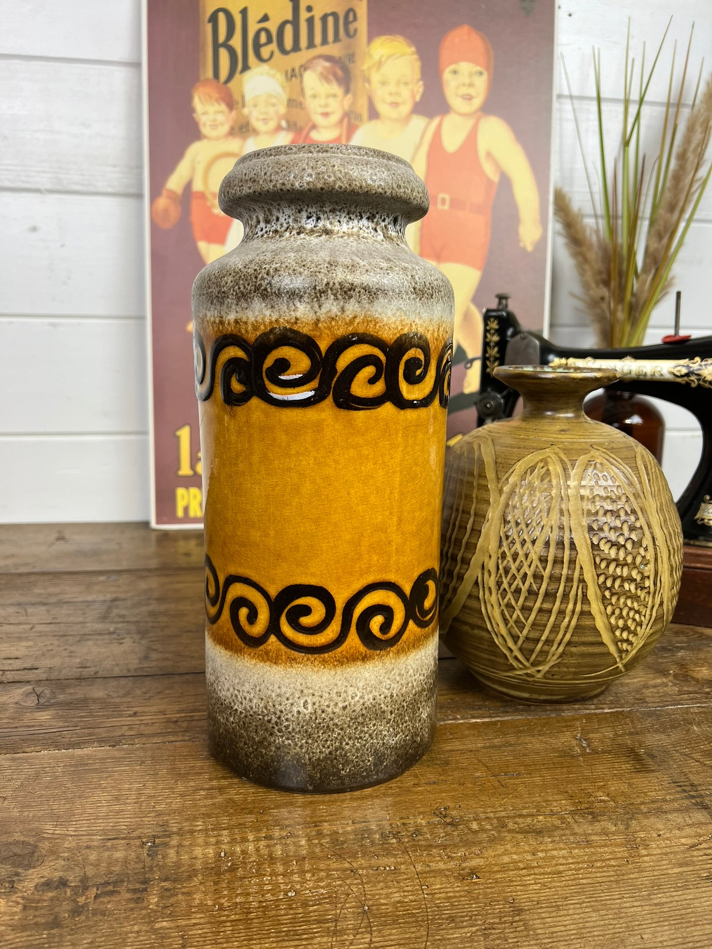 2x Vintage Mid Century West German Pottery Vase Boho Art Deco Interior