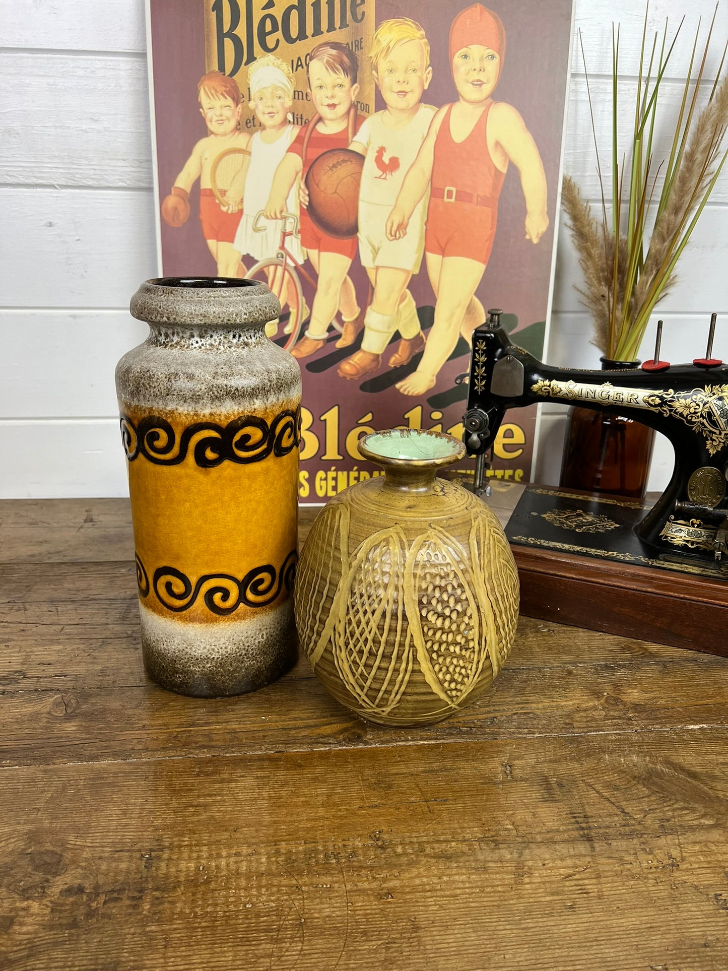 2x Vintage Mid Century West German Pottery Vase Boho Art Deco Interior