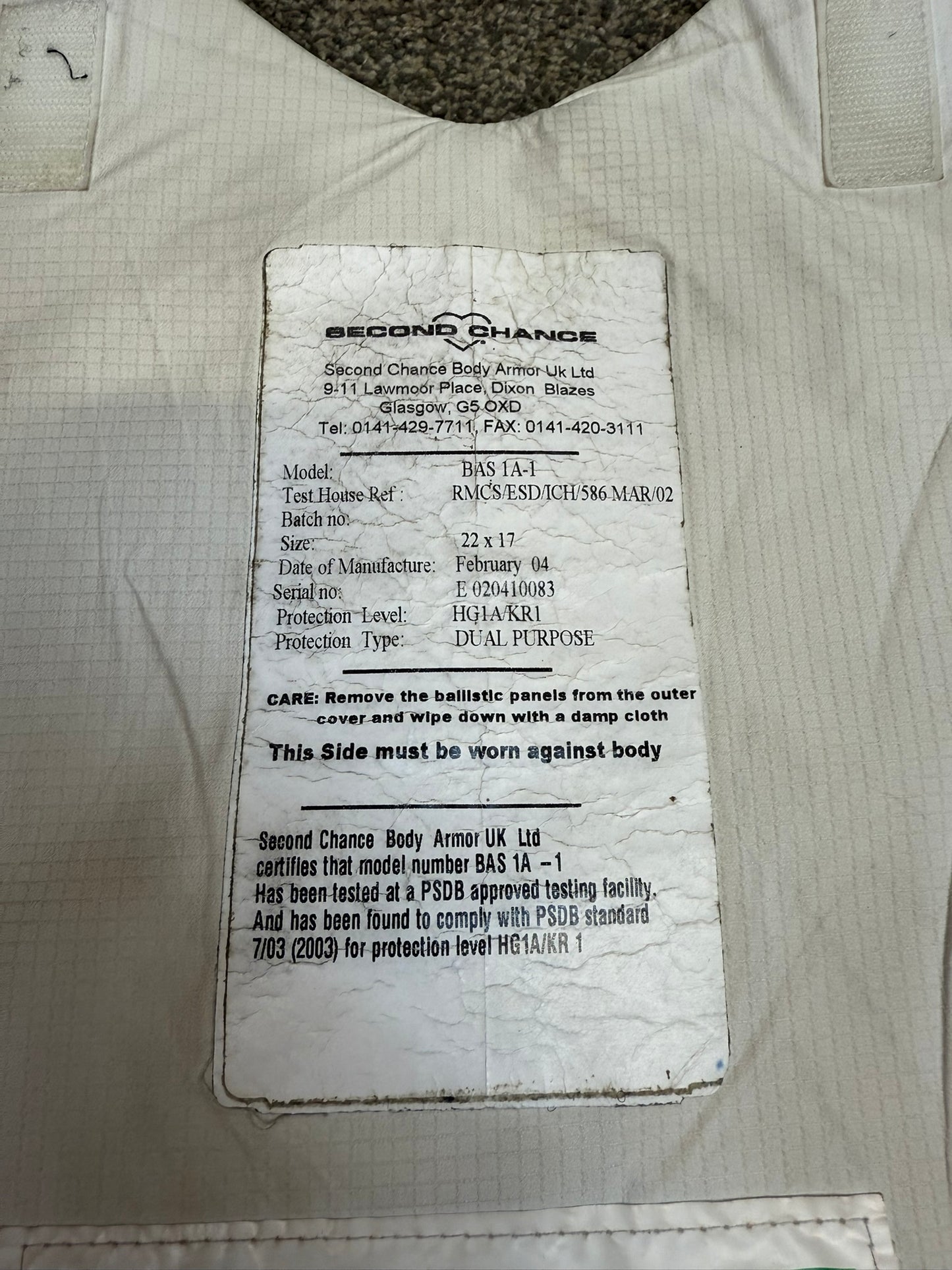 Ex Police Body Armour Stab Vest Bullet Proof Ballistic X Large Security Film