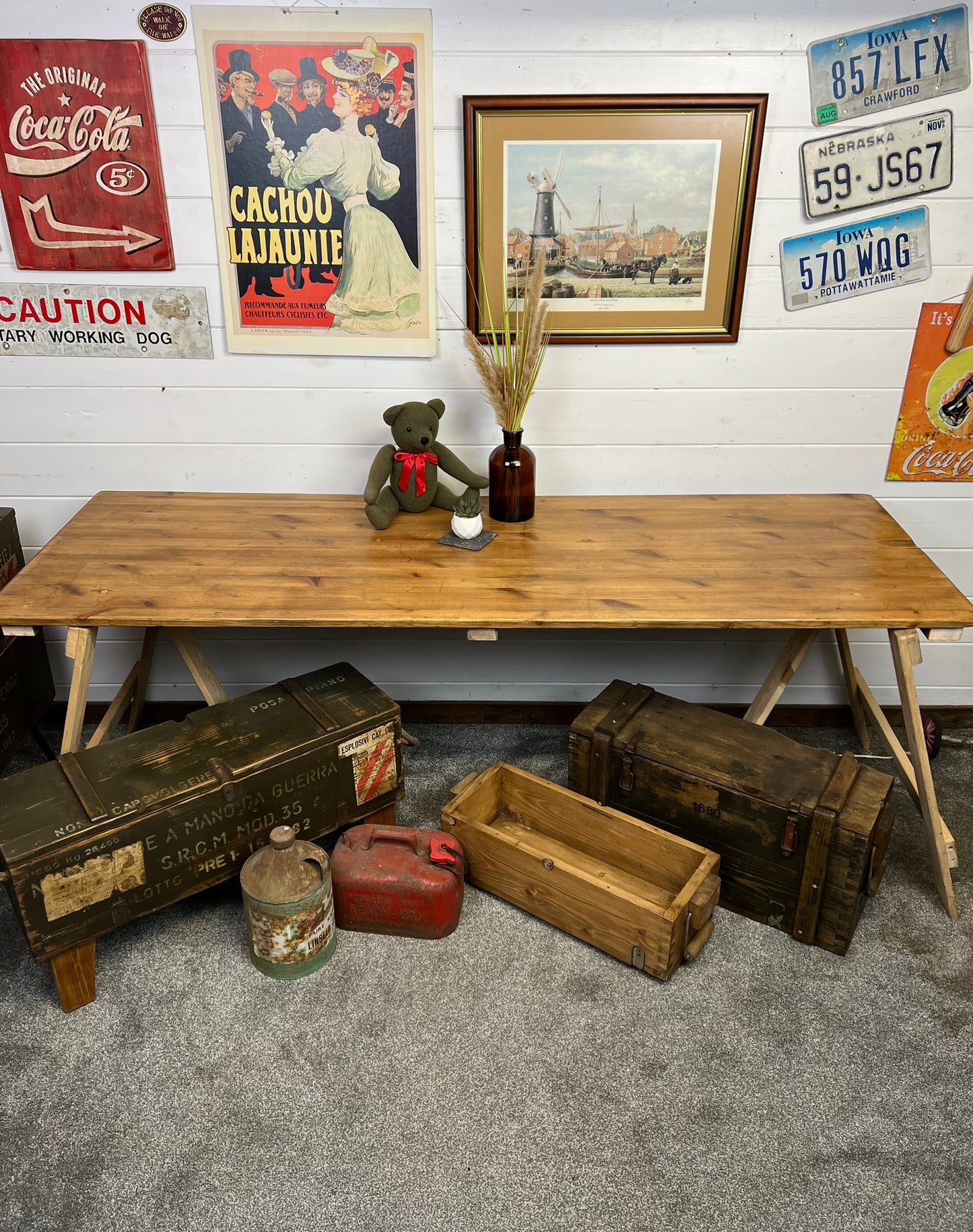 Rustic Industrial Trestle Table Top Wooden Vintage Table Farmhouse Desk Wedding