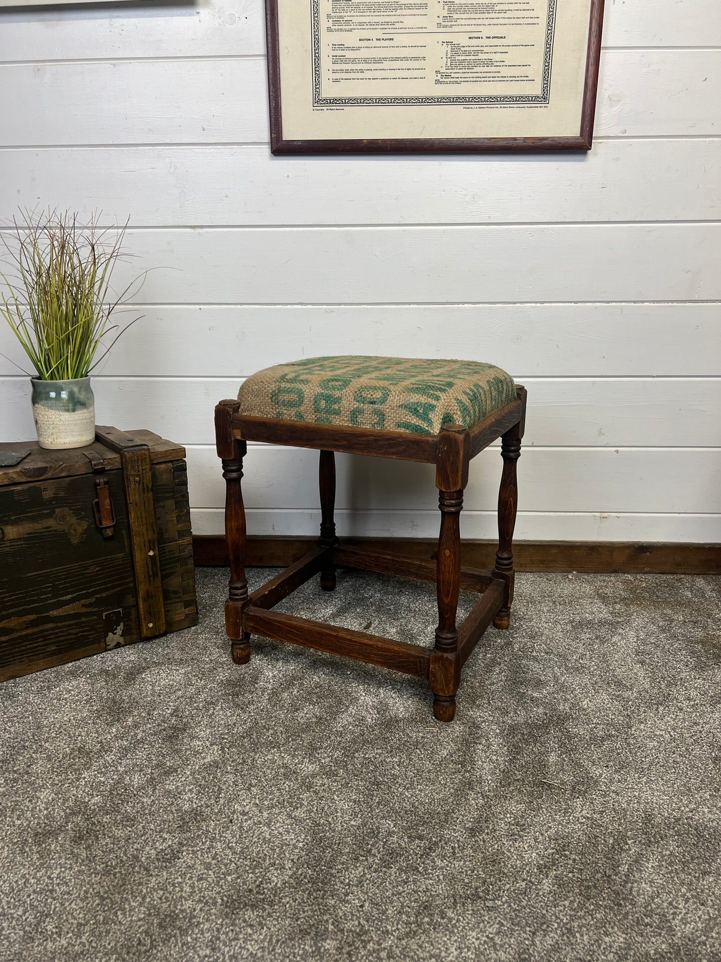 Vintage Wooden Square Stool 1950's With Hessian Seat Reclaimed Rustic Country Farmhouse