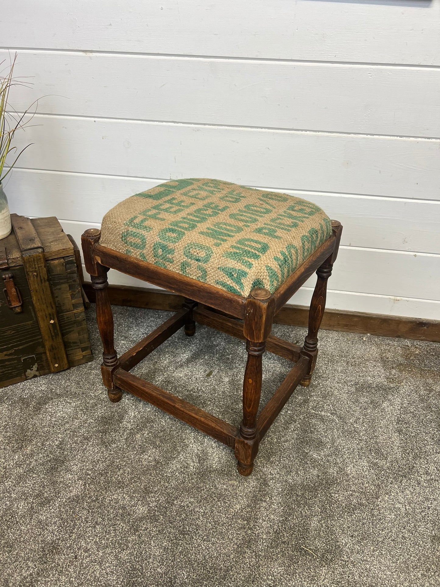 Vintage Wooden Square Stool 1950's With Hessian Seat Reclaimed Rustic Country Farmhouse