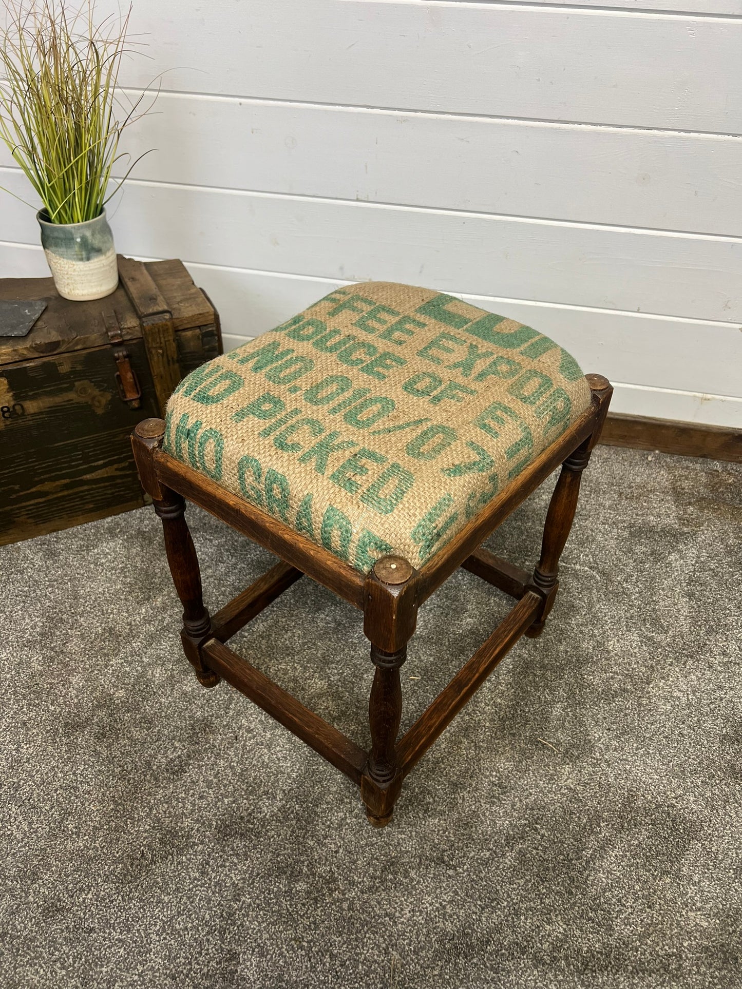 Vintage Wooden Square Stool 1950's With Hessian Seat Reclaimed Rustic Country Farmhouse
