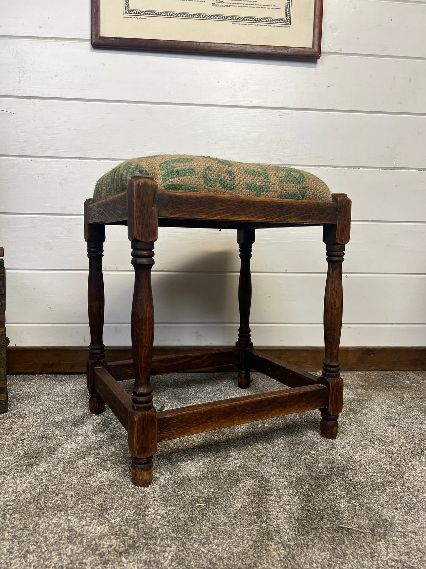 Vintage Wooden Square Stool 1950's With Hessian Seat Reclaimed Rustic Country Farmhouse