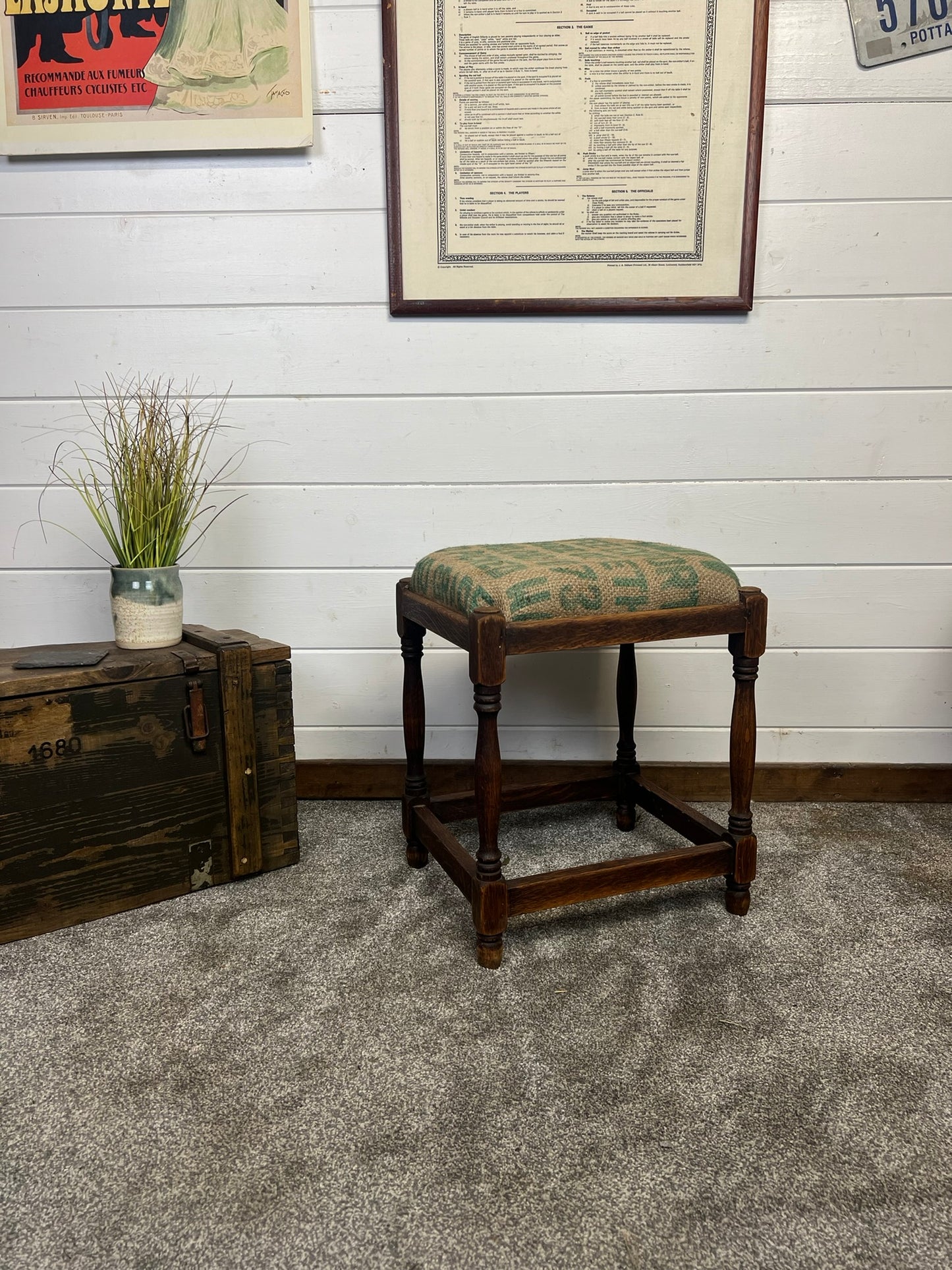 Vintage Wooden Square Stool 1950's With Hessian Seat Reclaimed Rustic Country Farmhouse