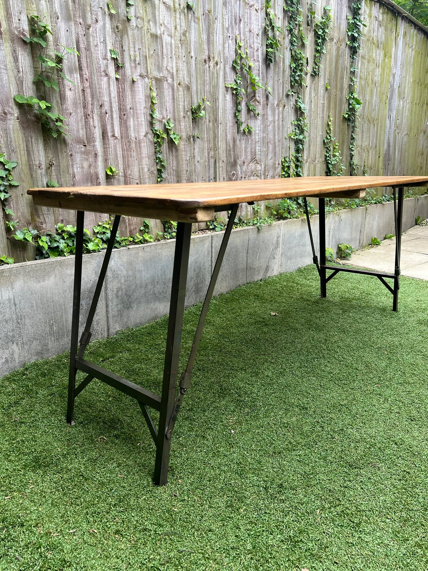 Rustic Vintage Wooden Folding Trestle Table Metal Legs Industrial Farmhouse Dining Garden Reclaimed Army