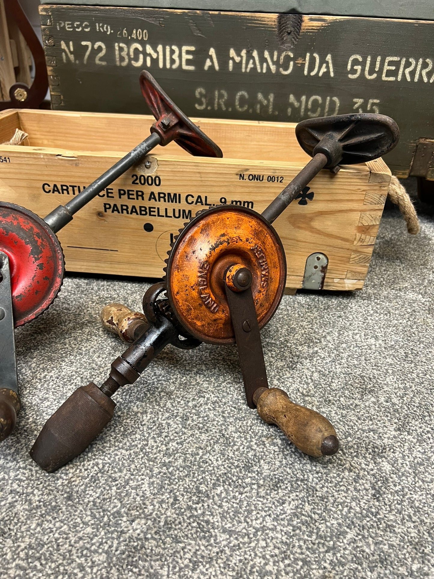2x Large Vintage Hand Drills Made In England Industrial Vintage Tools