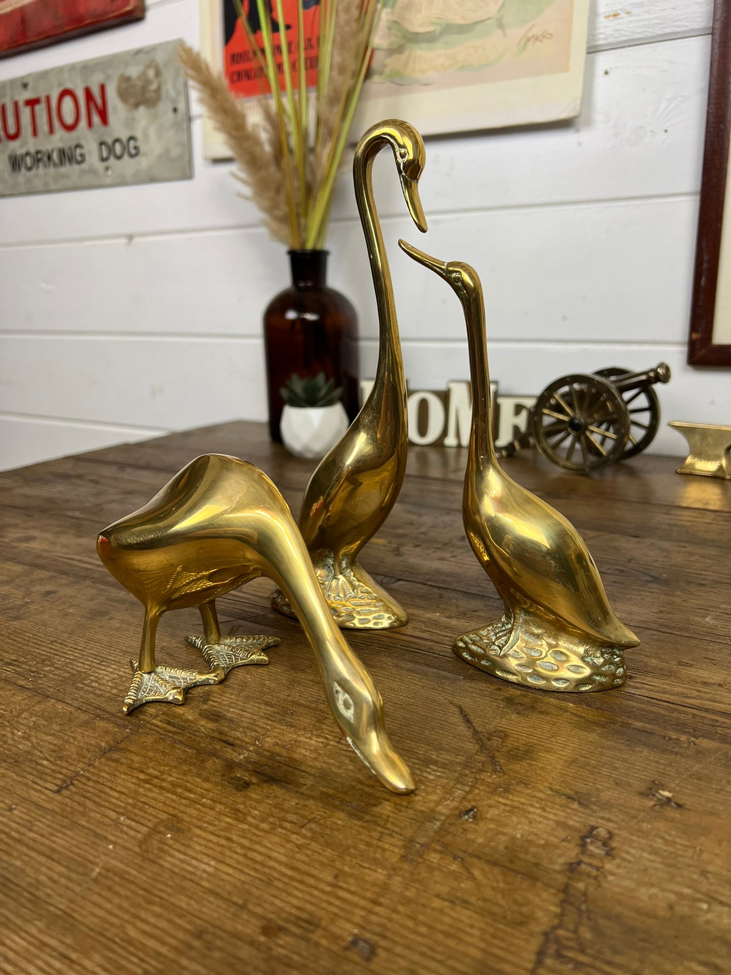 3x Large Vintage Brass Geese Goose Ornaments Figurines Rustic Farmhouse Shelf Decor