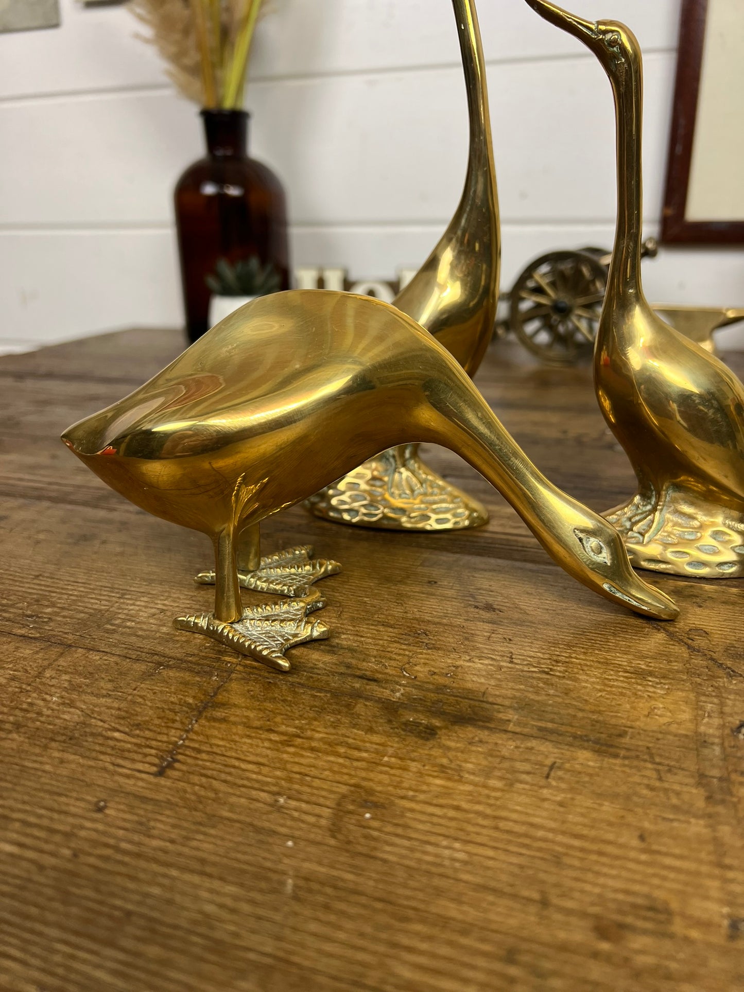 3x Large Vintage Brass Geese Goose Ornaments Figurines Rustic Farmhouse Shelf Decor