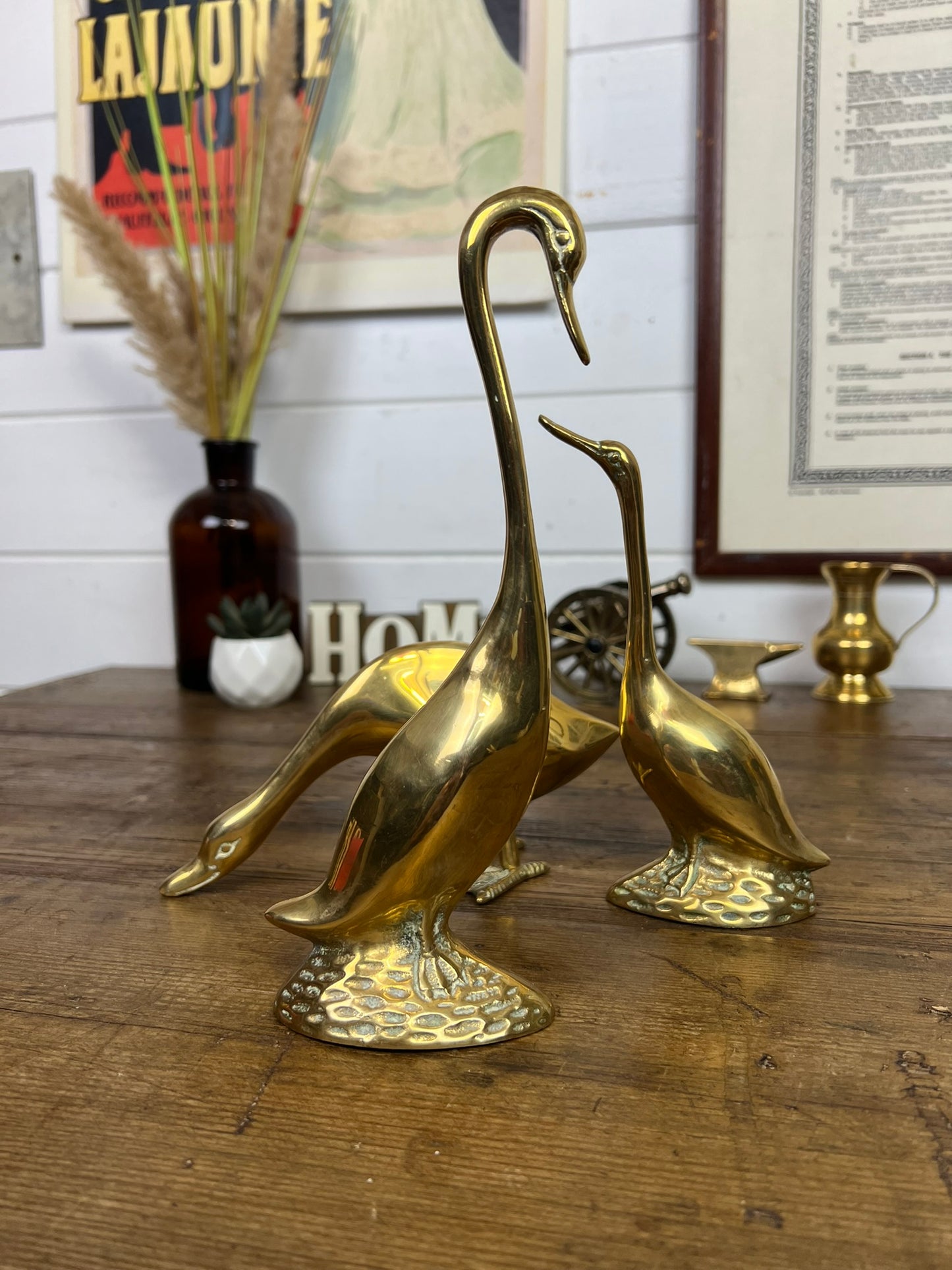 3x Large Vintage Brass Geese Goose Ornaments Figurines Rustic Farmhouse Shelf Decor