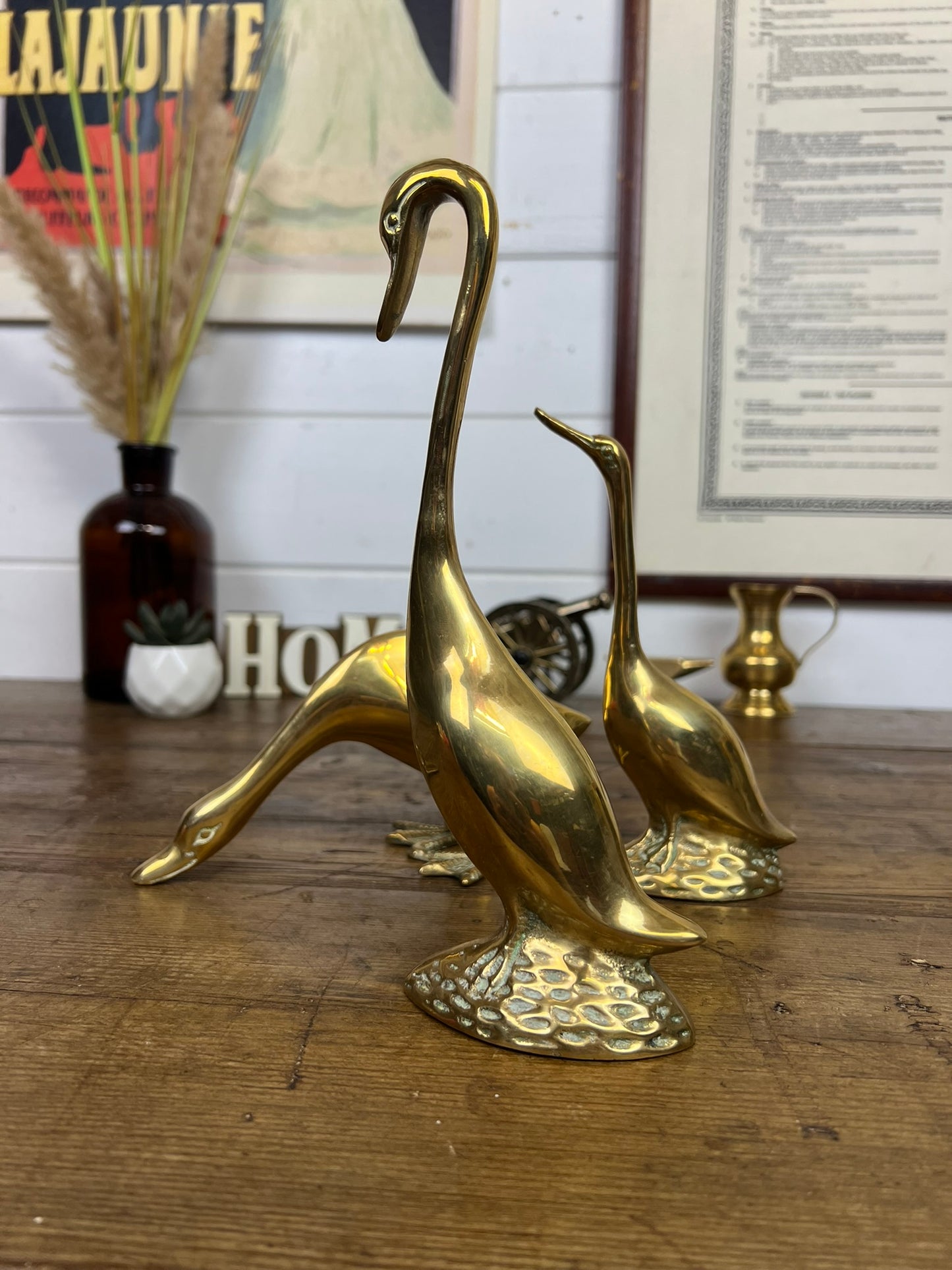 3x Large Vintage Brass Geese Goose Ornaments Figurines Rustic Farmhouse Shelf Decor