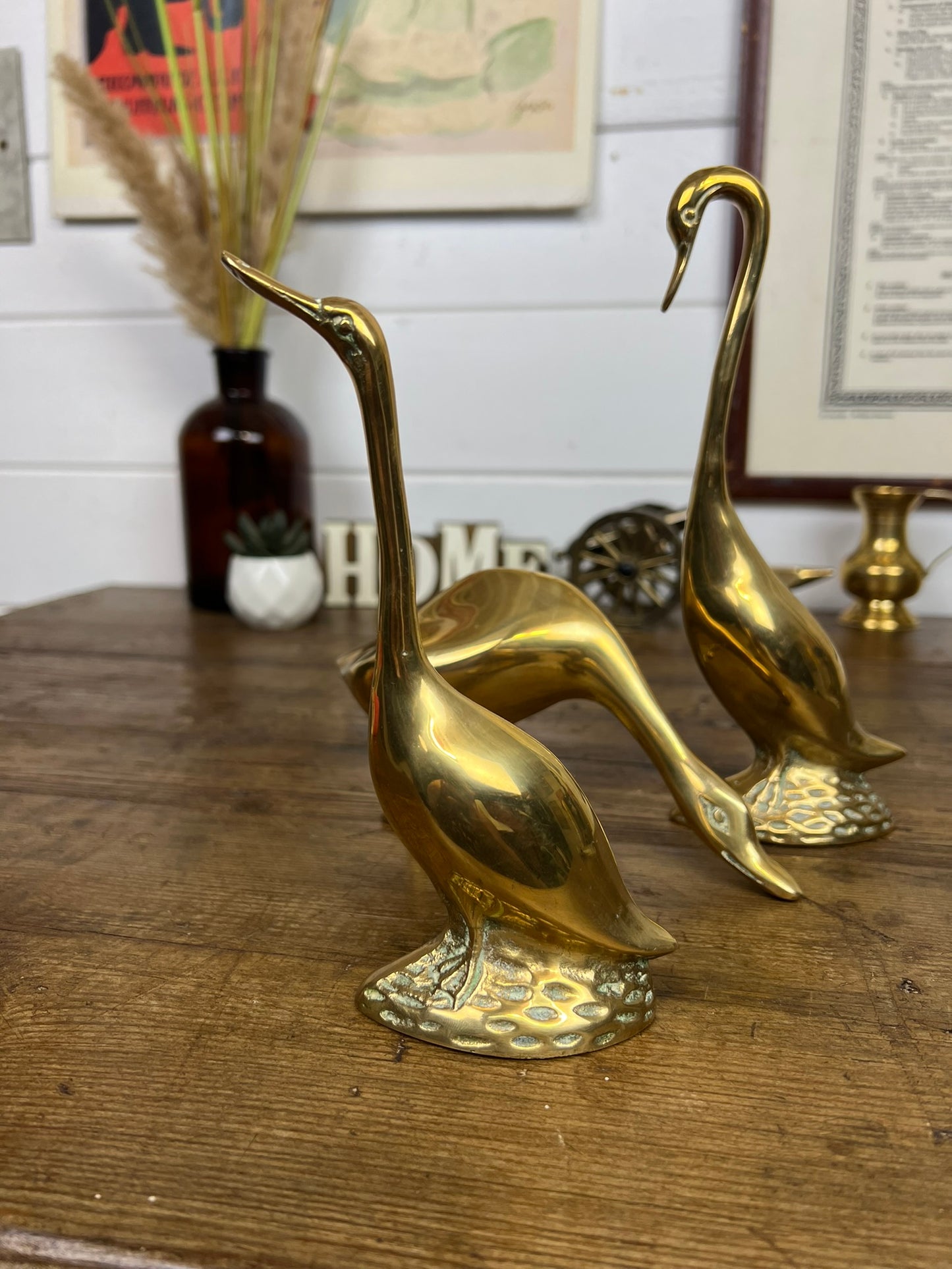 3x Large Vintage Brass Geese Goose Ornaments Figurines Rustic Farmhouse Shelf Decor