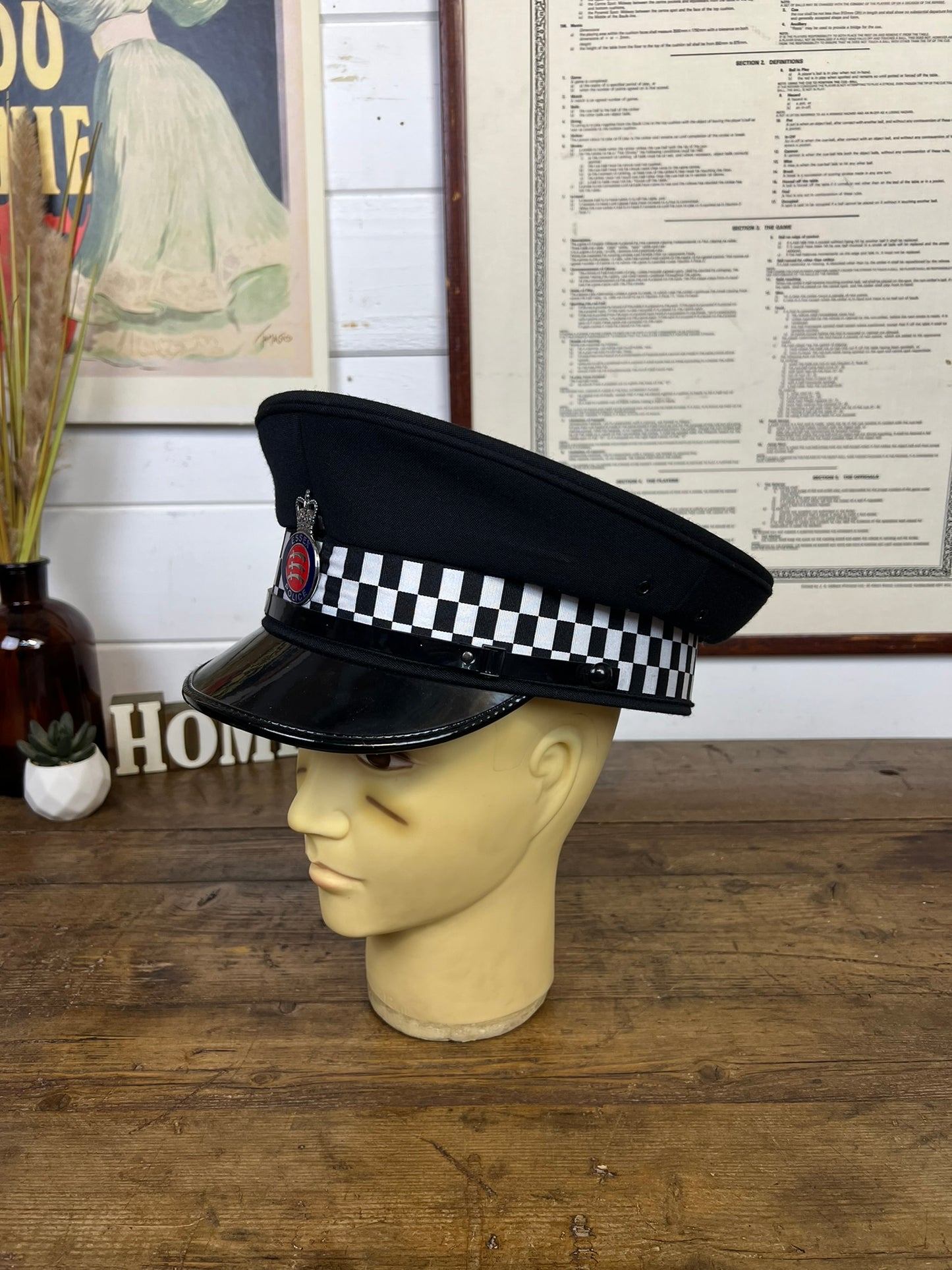 Vintage Ex British Police Black Peak Cap 61cm Obsolete Essex Badge Collector Film Prop Display