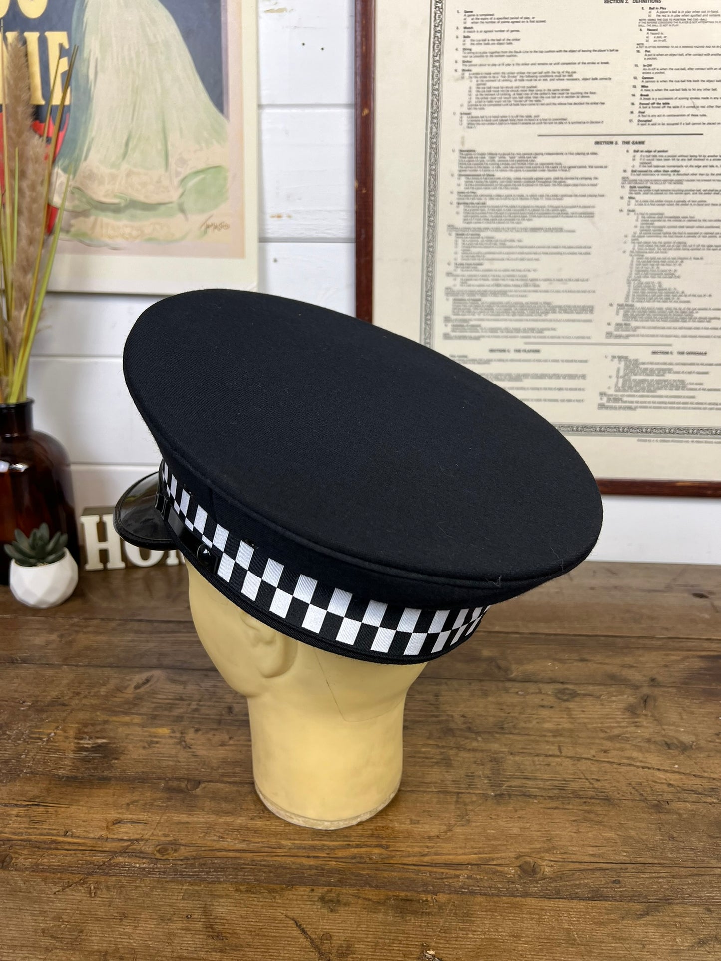 Vintage Ex British Police Black Peak Cap 61cm Obsolete Essex Badge Collector Film Prop Display