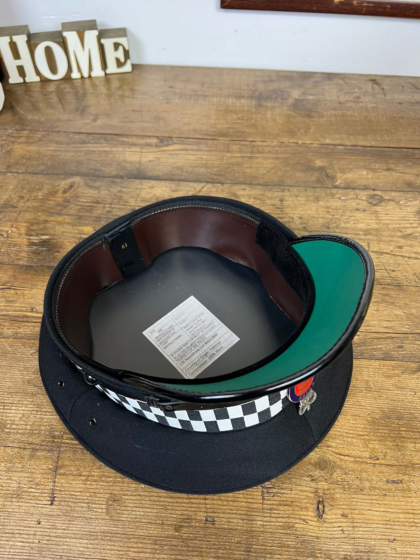 Vintage Ex British Police Black Peak Cap 61cm Obsolete Essex Badge Collector Film Prop Display