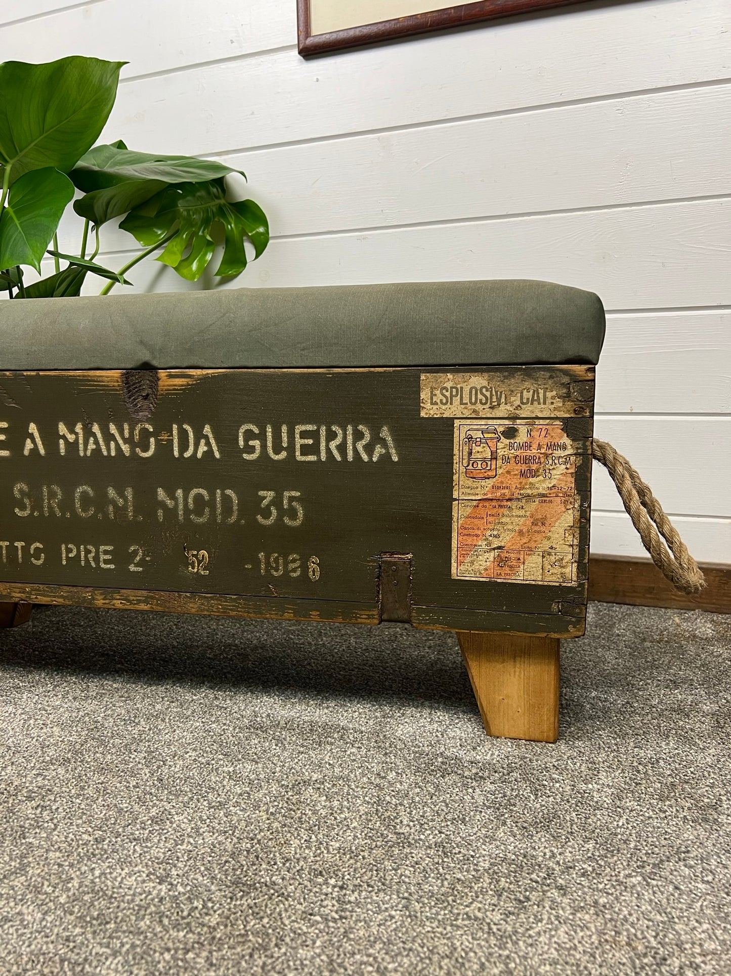 Vintage Wooden Ammo Box Seat Reclaimed Canvas Chest Rustic Industrial Storage Foot Stool Ottoman