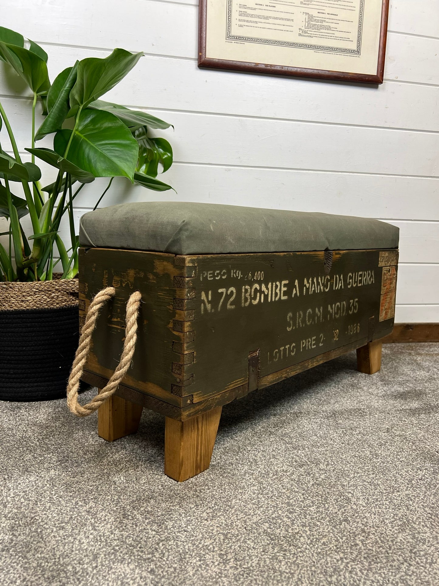 Vintage Wooden Ammo Box Seat Reclaimed Canvas Chest Rustic Industrial Storage Foot Stool Ottoman