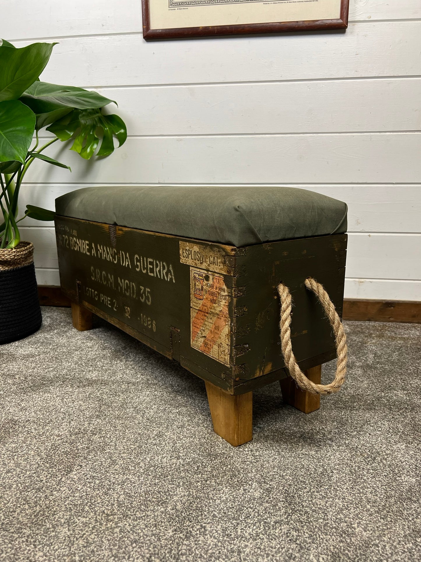 Vintage Wooden Ammo Box Seat Reclaimed Canvas Chest Rustic Industrial Storage Foot Stool Ottoman