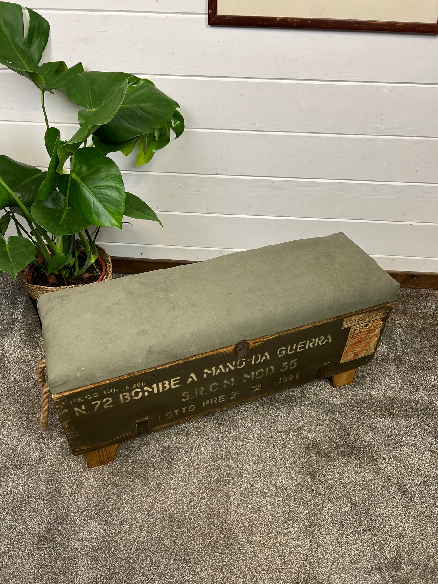 Vintage Wooden Ammo Box Seat Reclaimed Canvas Chest Rustic Industrial Storage Foot Stool Ottoman