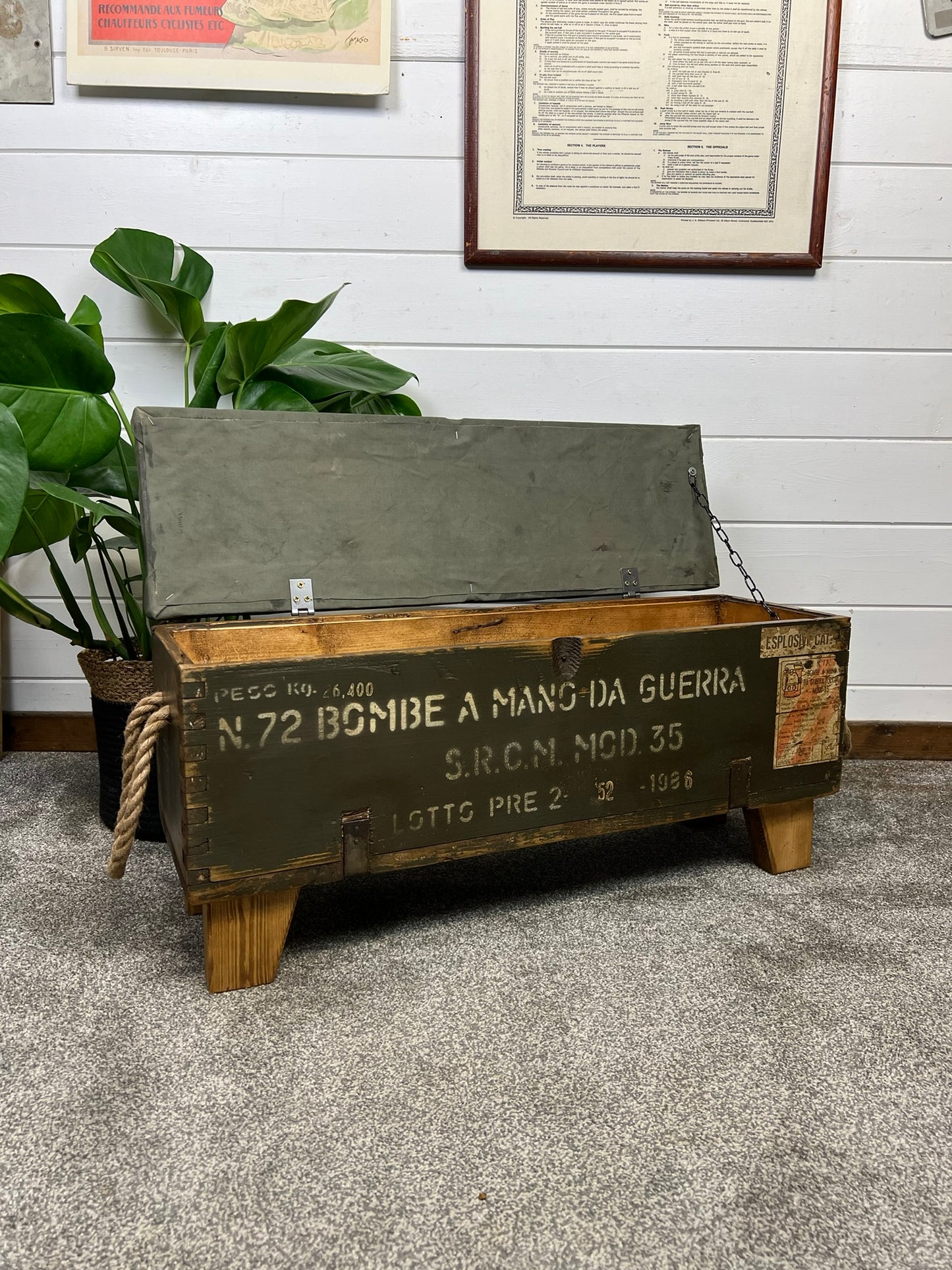 Vintage Wooden Ammo Box Seat Reclaimed Canvas Chest Rustic Industrial Storage Foot Stool Ottoman