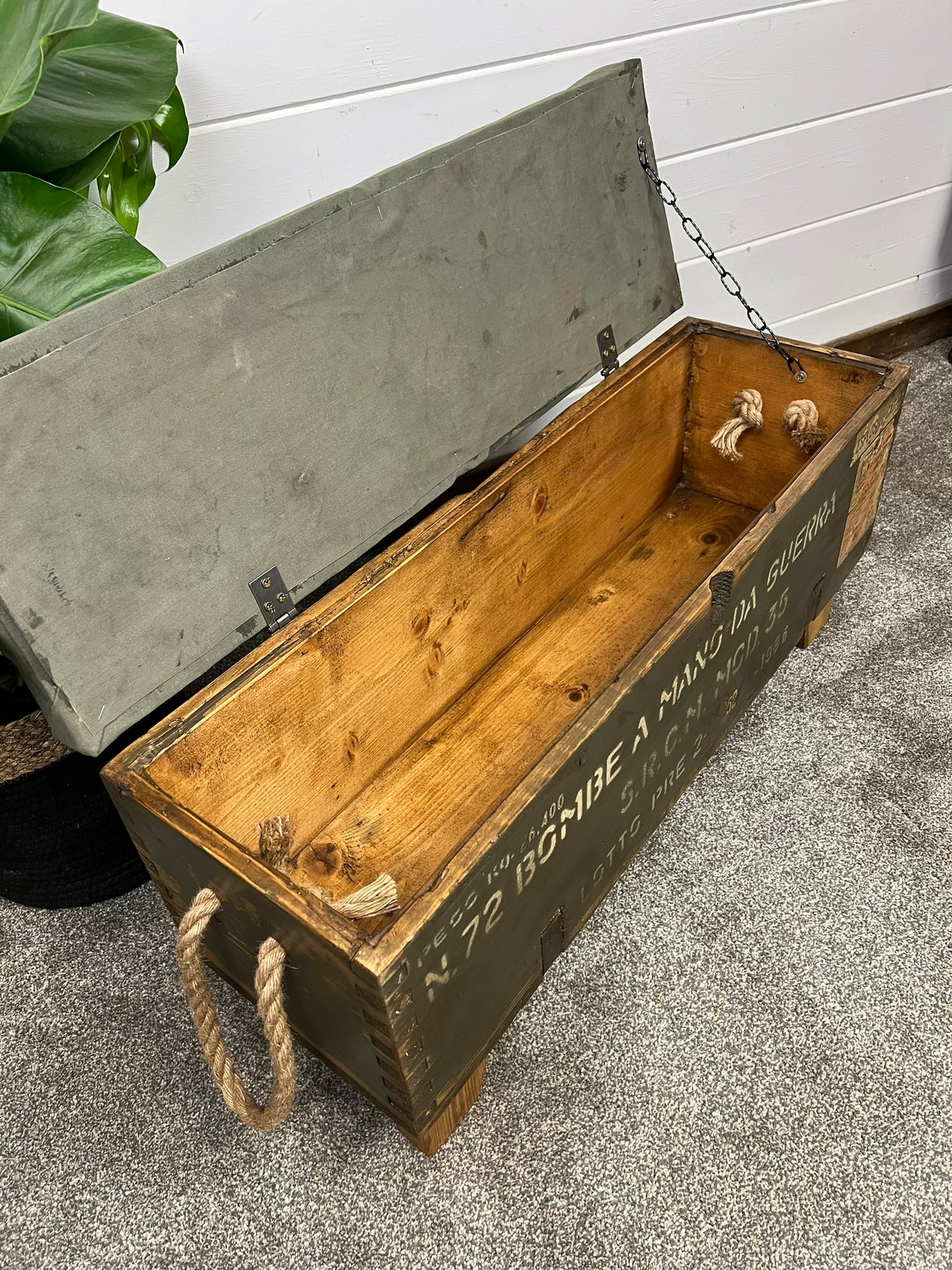 Vintage Wooden Ammo Box Seat Reclaimed Canvas Chest Rustic Industrial Storage Foot Stool Ottoman