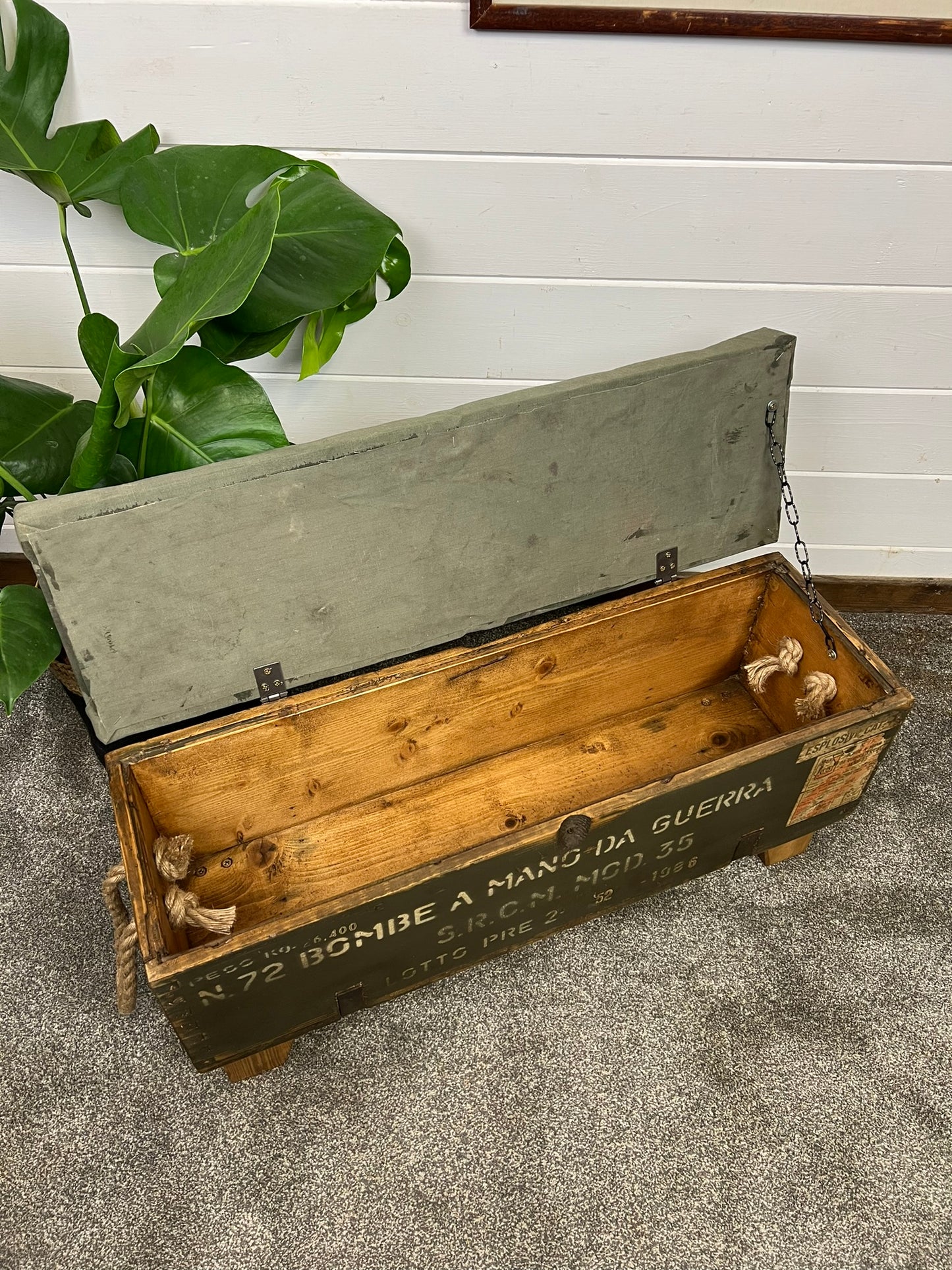 Vintage Wooden Ammo Box Seat Reclaimed Canvas Chest Rustic Industrial Storage Foot Stool Ottoman