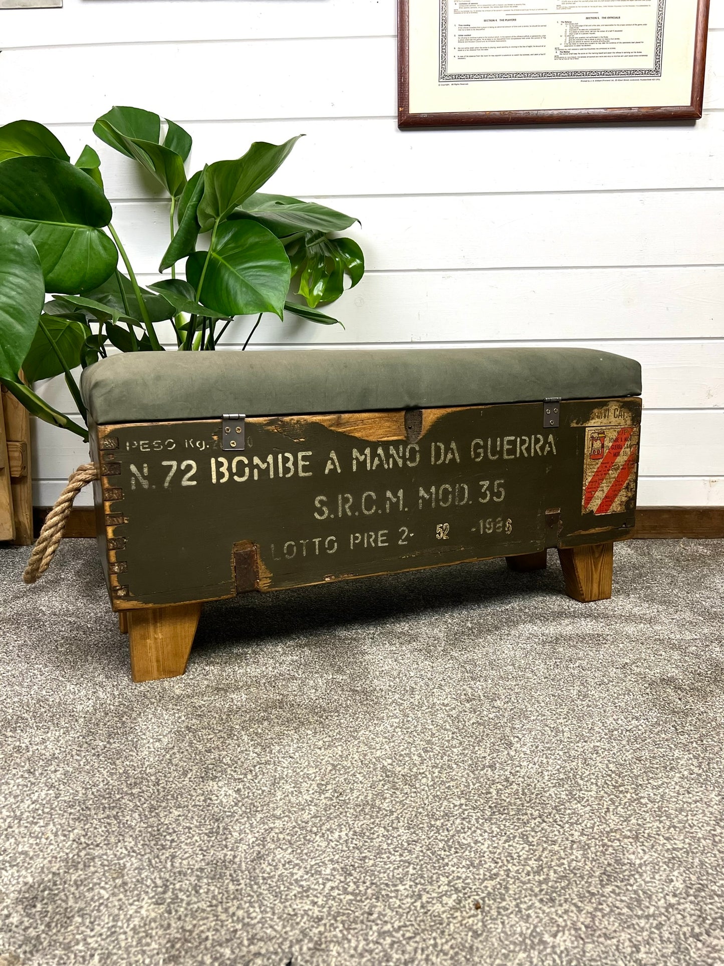 Vintage Wooden Ammo Box Seat Reclaimed Canvas Chest Rustic Industrial Storage Foot Stool Ottoman