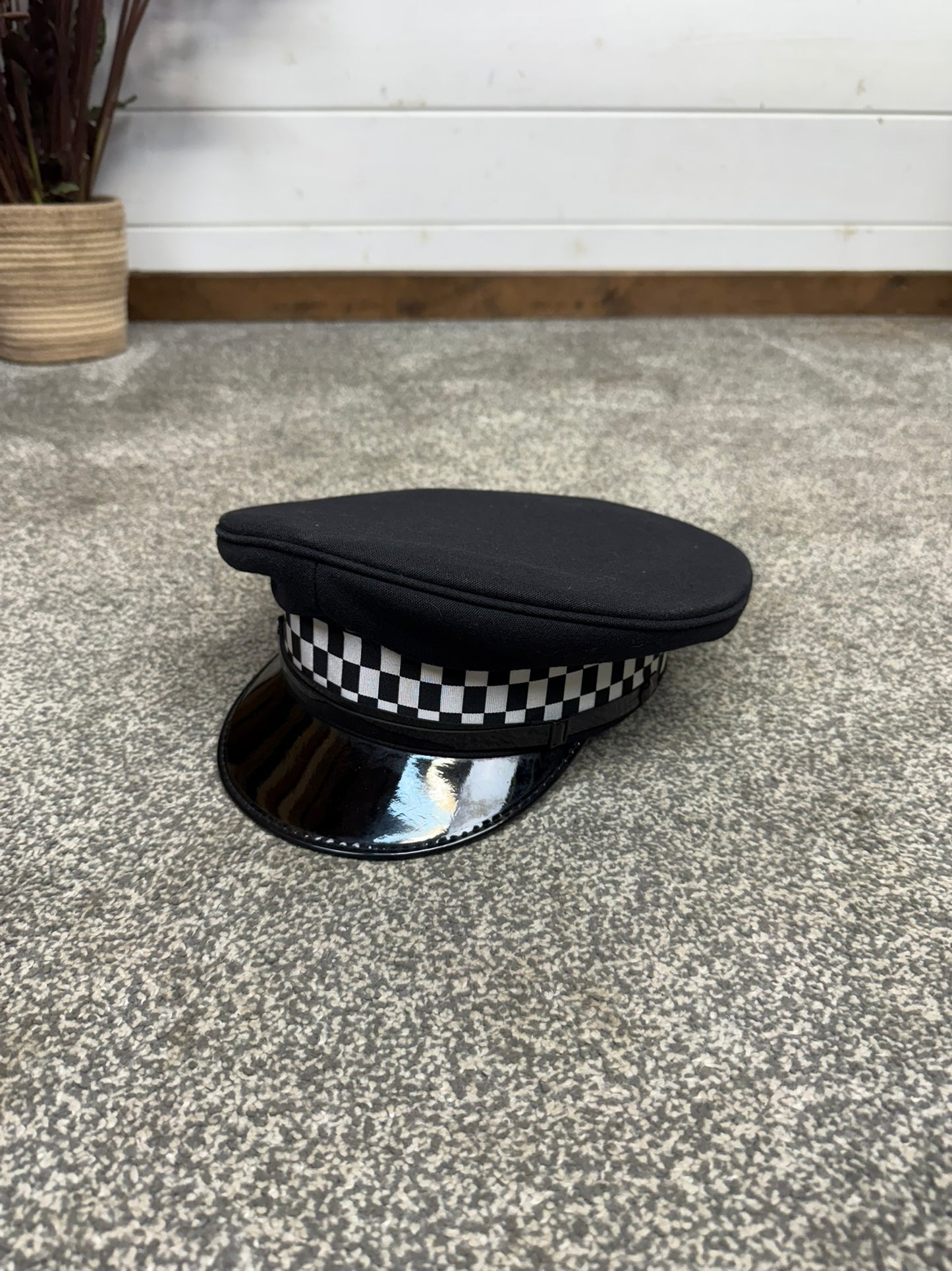 Ex Police Black Peak Cap Checked Band Collector Film TV Fancy Dress Prop