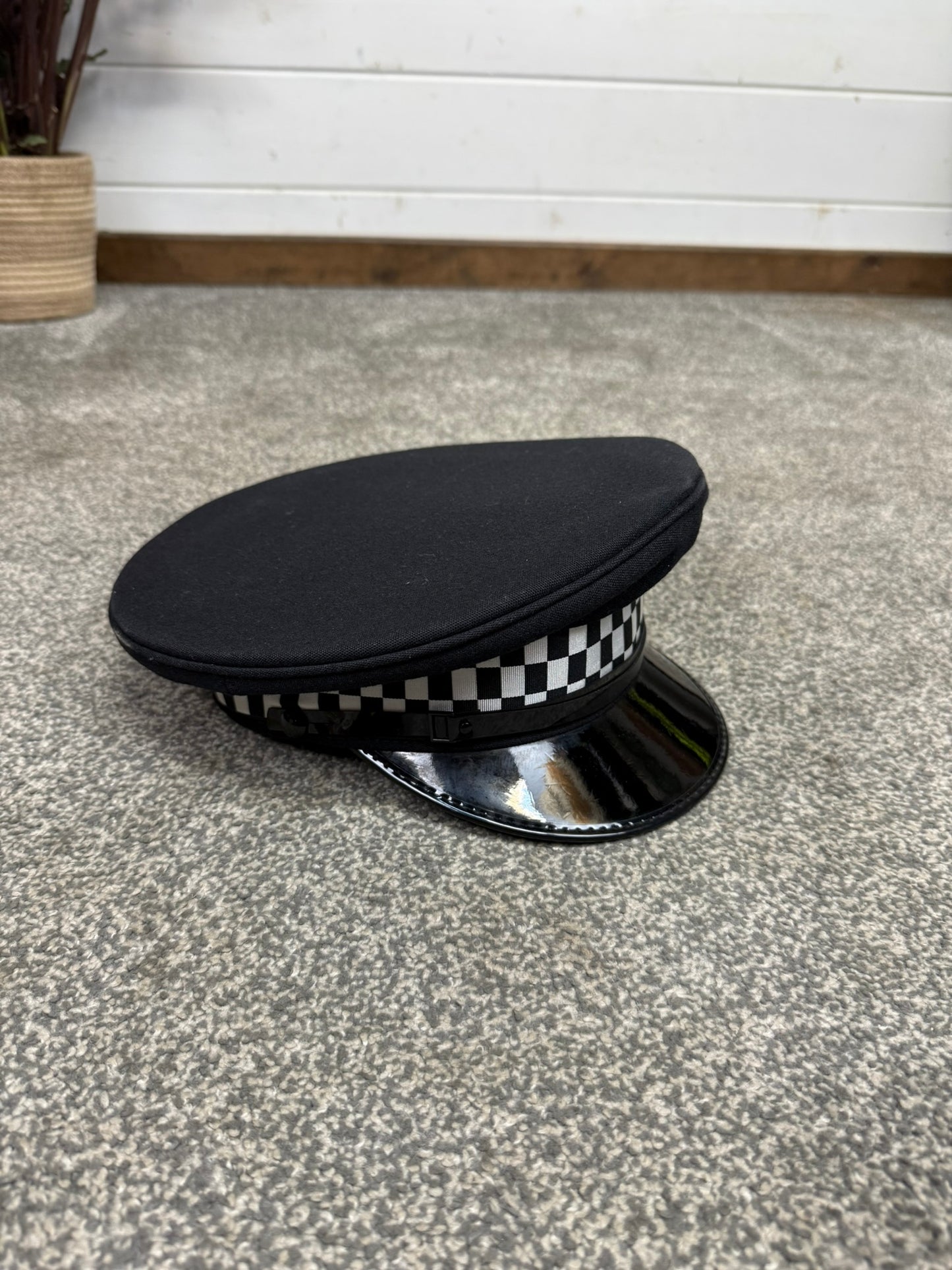 Ex Police Black Peak Cap Checked Band Collector Film TV Fancy Dress Prop