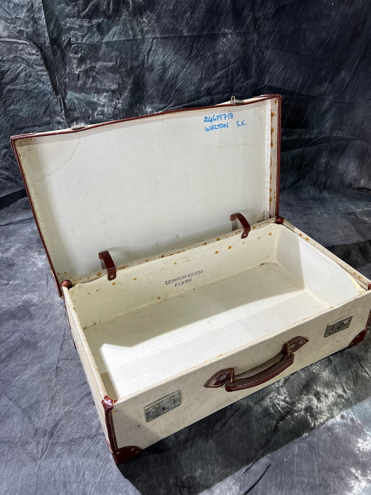 Vintage Military Canvas & Leather Suitcase Trunk Case Dated 1981 Army Boho Rustic Home Décor