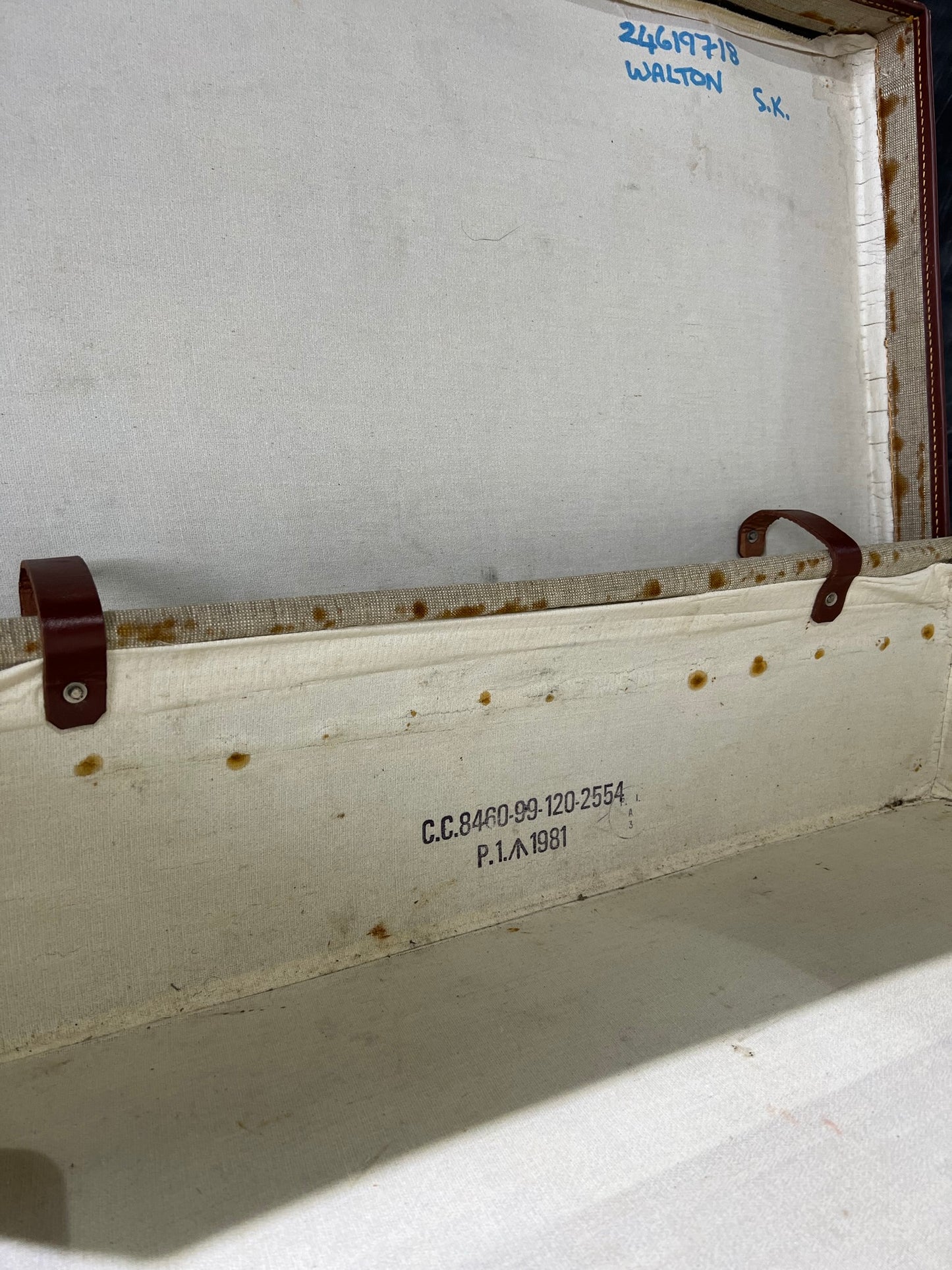 Vintage Military Canvas & Leather Suitcase Trunk Case Dated 1981 Army Boho Rustic Home Décor